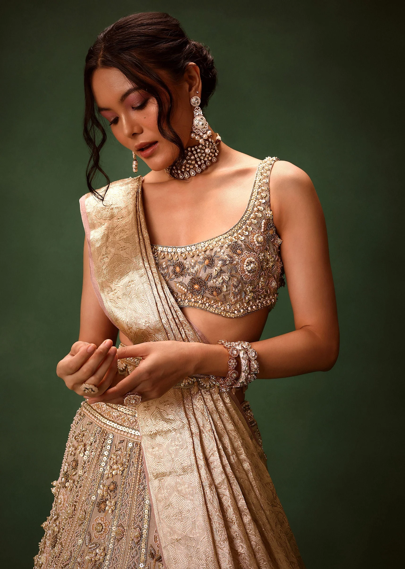 Gold Beige Chanderi Silk Lehenga Set With Embroidered Jacket And Dupatta - Image 2