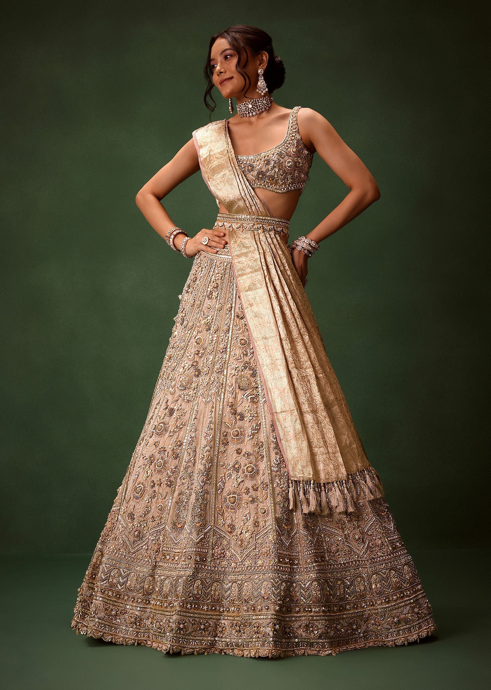Gold Beige Chanderi Silk Lehenga Set With Embroidered Jacket And Dupatta - Image 3