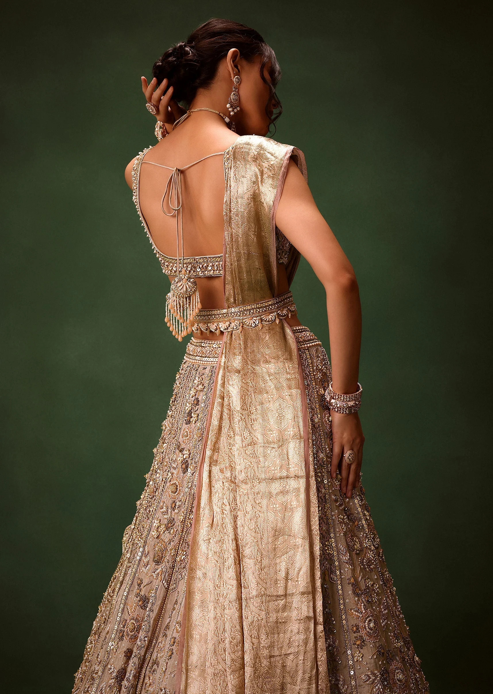 Gold Beige Chanderi Silk Lehenga Set With Embroidered Jacket And Dupatta - Image 4