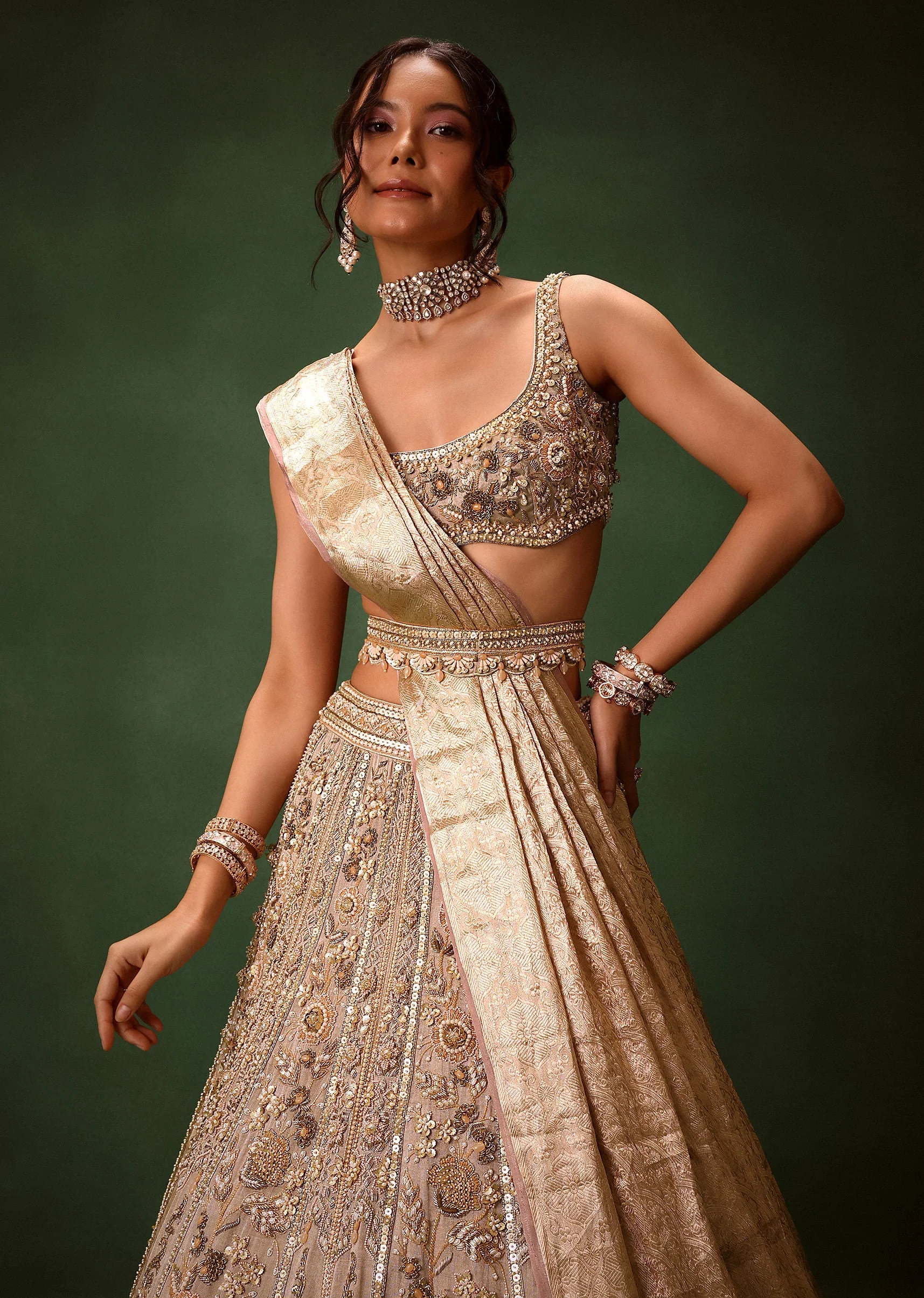 Gold Beige Chanderi Silk Lehenga Set With Embroidered Jacket And Dupatta - Image 5