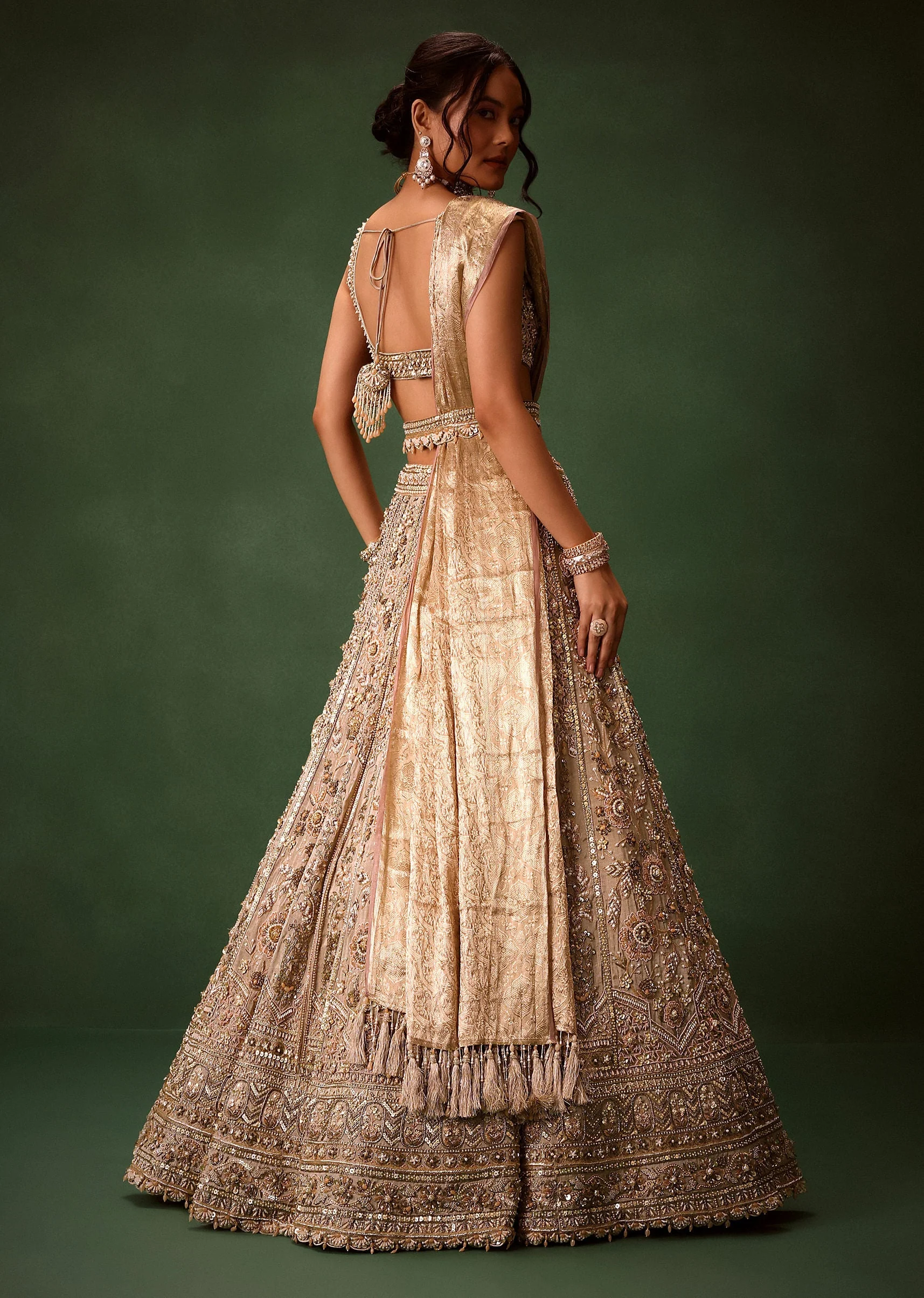 Gold Beige Chanderi Silk Lehenga Set With Embroidered Jacket And Dupatta - Image 6
