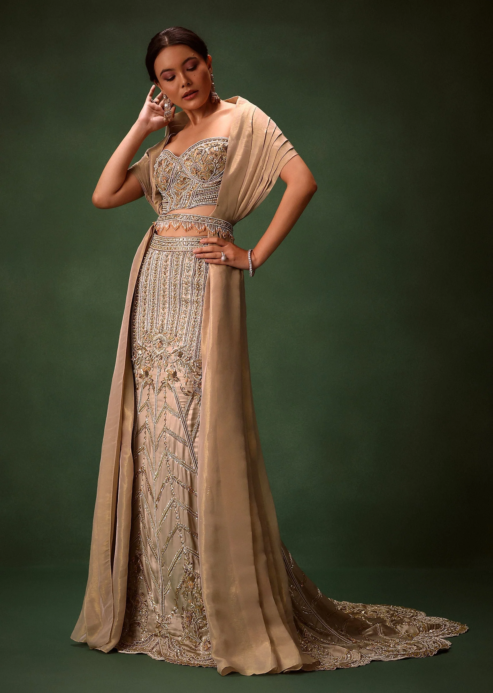 Gold Beige Fish-Cut Lehenga Set With Draped Dupatta And Waist Belt