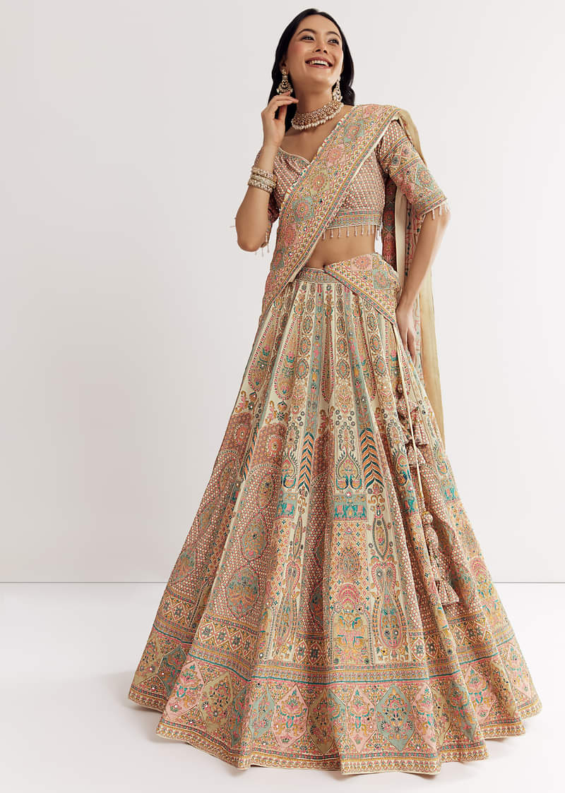 Gold Beige Georgette Printed Lehenga With Cutdana And Stone Work - Image 4