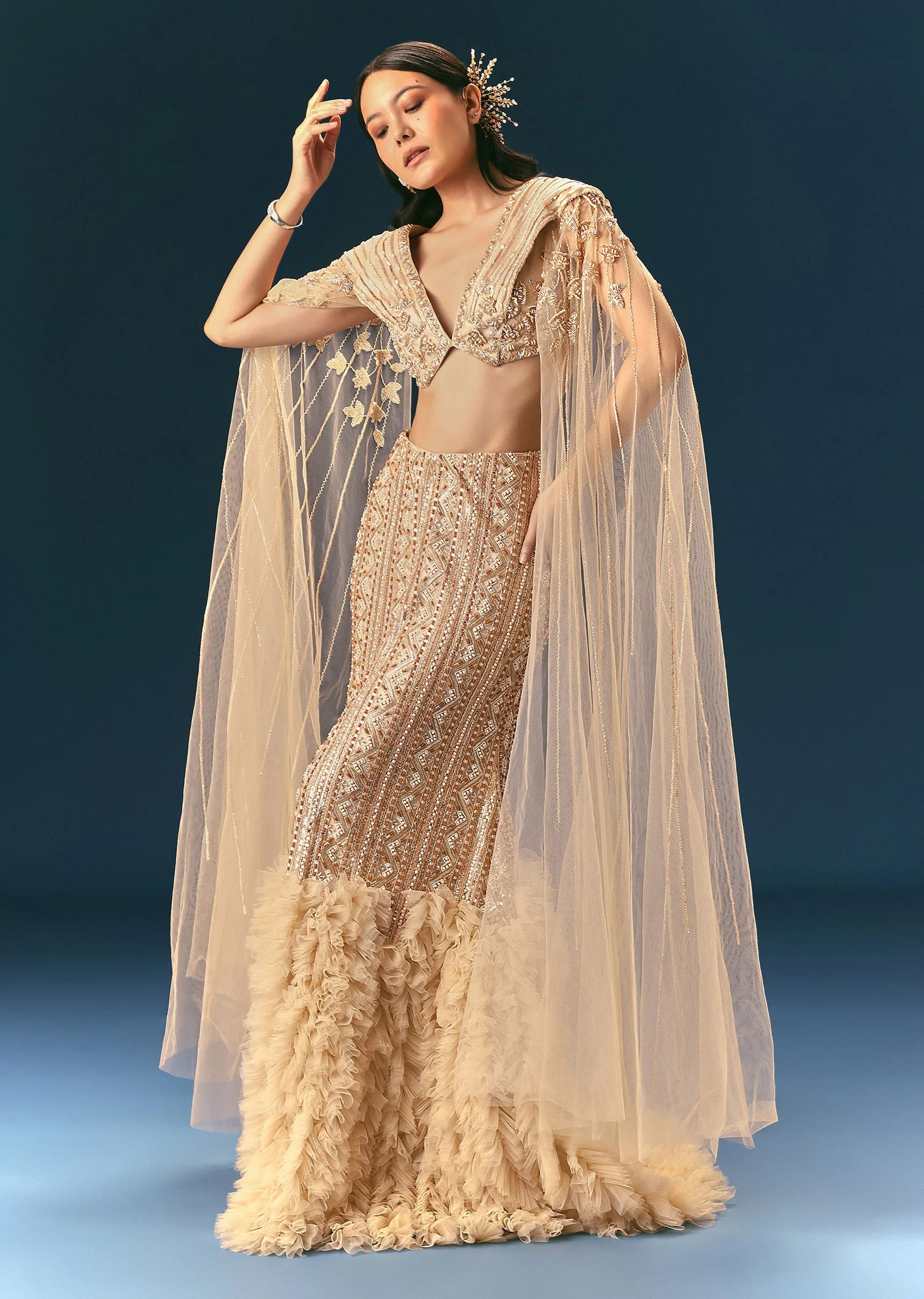 Gold Beige Mermaid Lehenga Set With Frills - Image 2