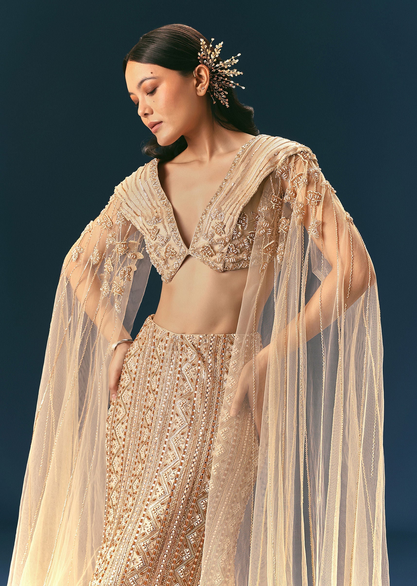 Gold Beige Mermaid Lehenga Set With Frills - Image 3