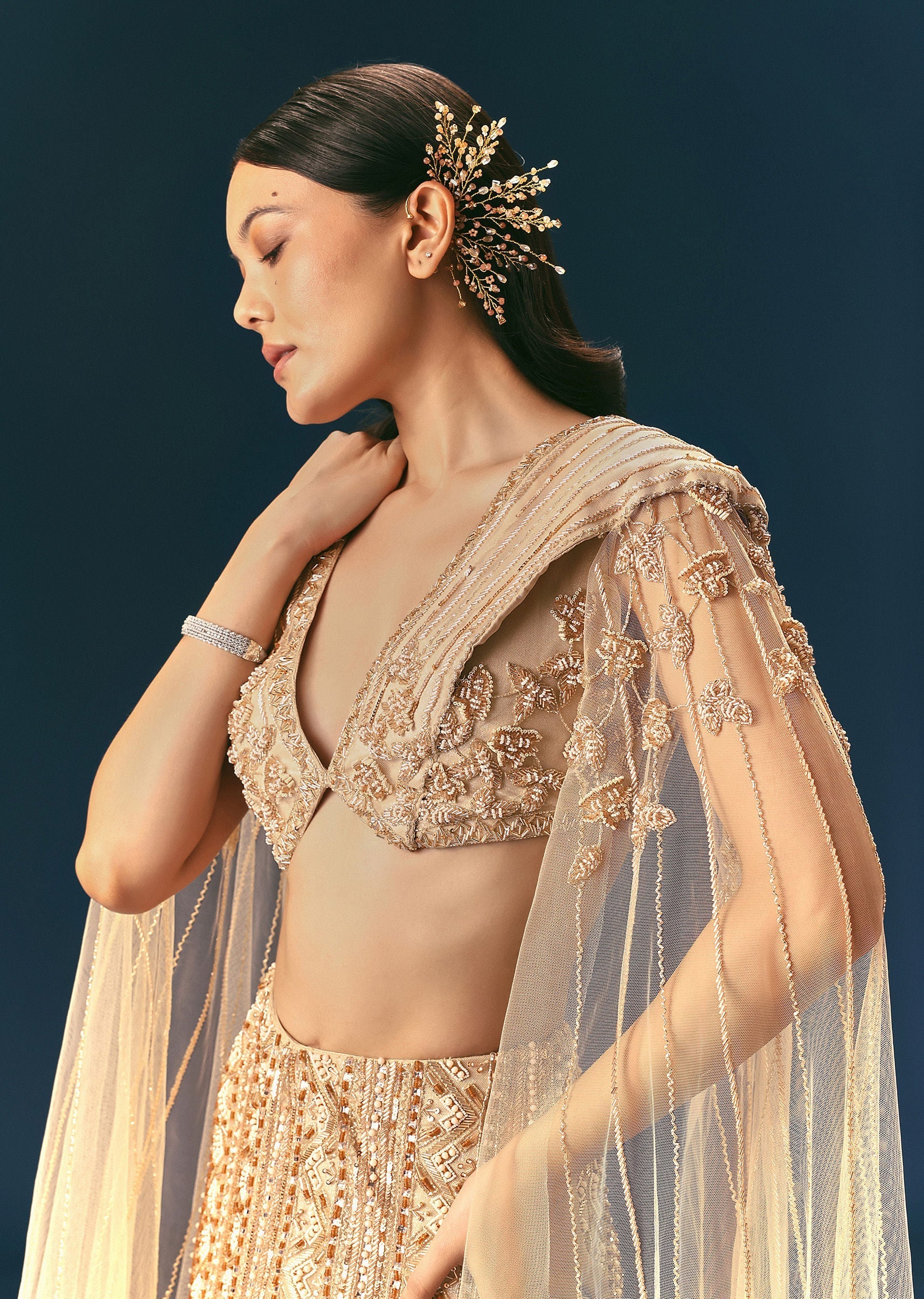 Gold Beige Mermaid Lehenga Set With Frills - Image 4