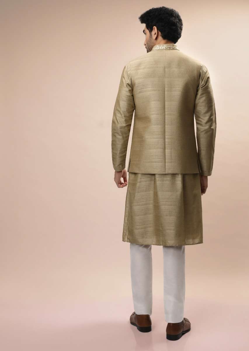 Gold Beige Nehru Jacket And Kurta Set With Resham And Mirror Embroidered Buttis - Image 4