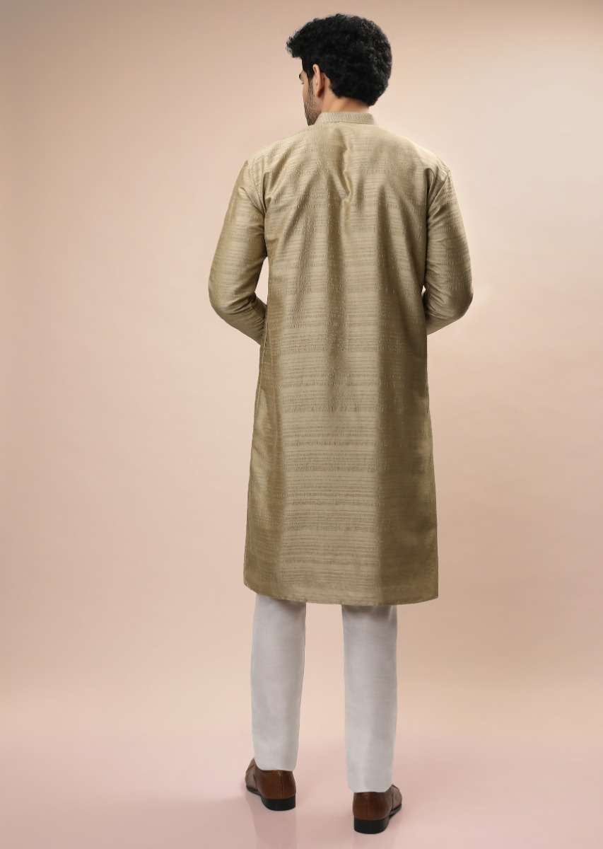 Gold Beige Nehru Jacket And Kurta Set With Resham And Mirror Embroidered Buttis - Image 8