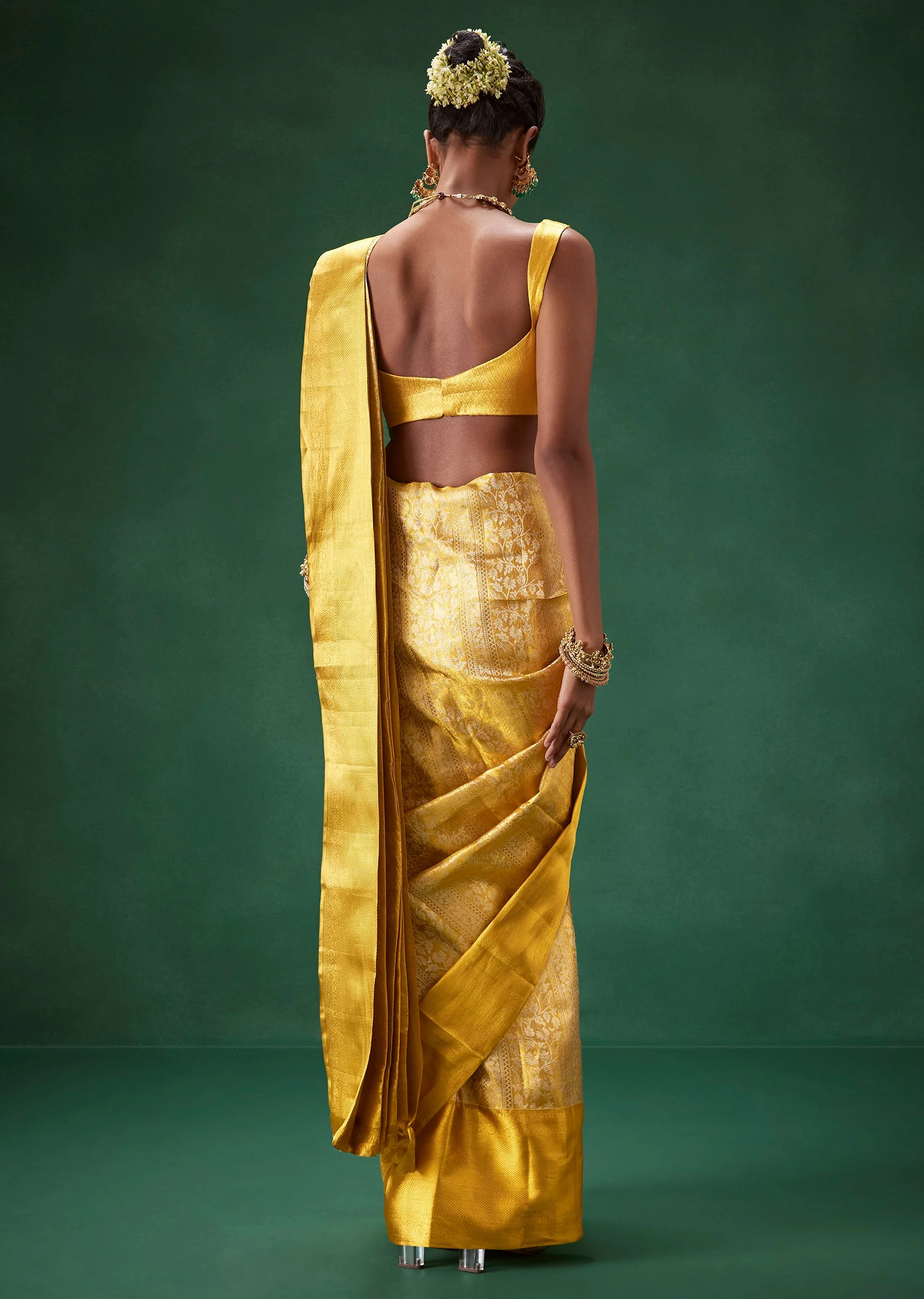 Gold Bridal Kanjivaram Floral Jaal Weave Saree with Unstitched Blouse - Image 2