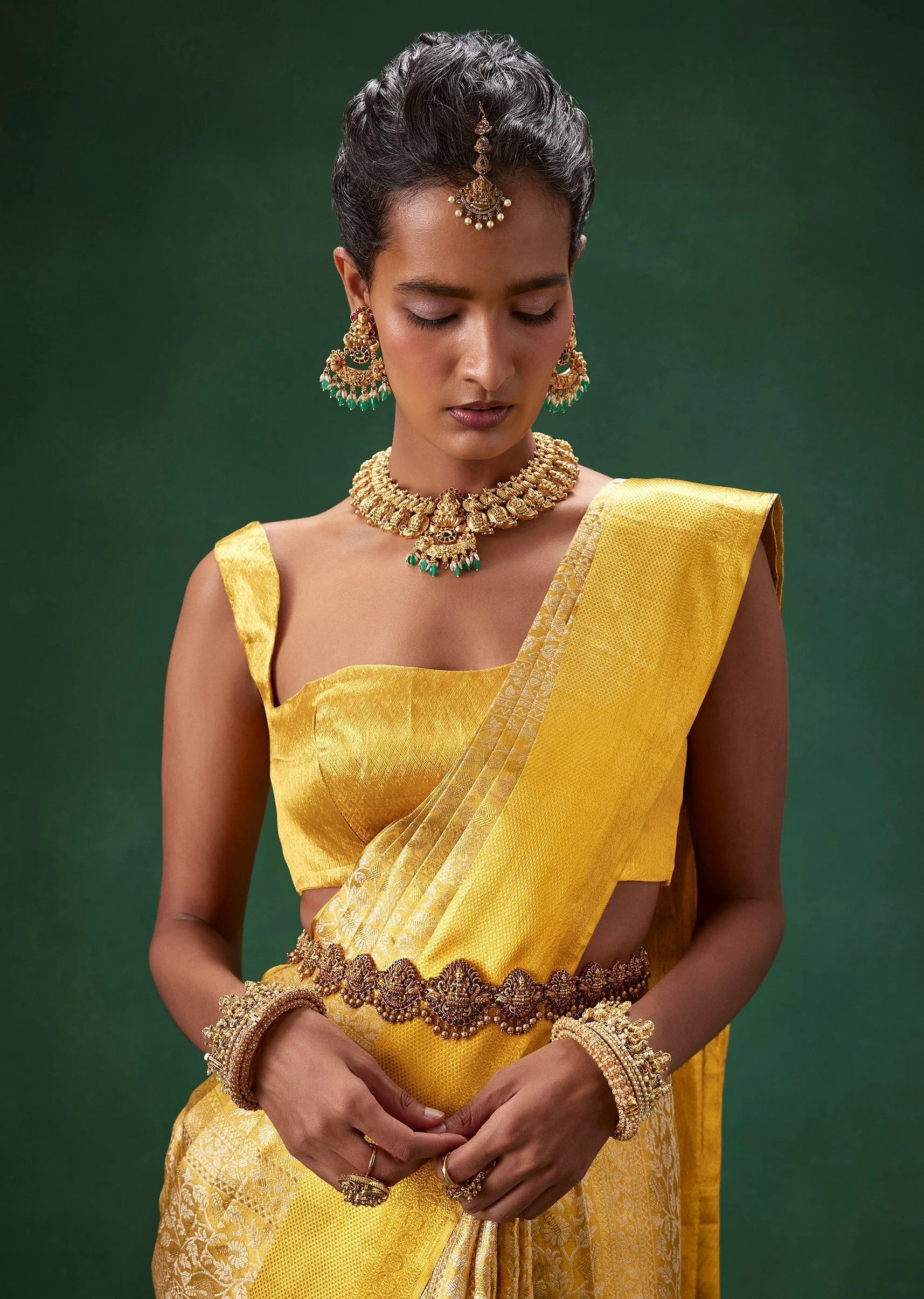 Gold Bridal Kanjivaram Floral Jaal Weave Saree with Unstitched Blouse - Image 3