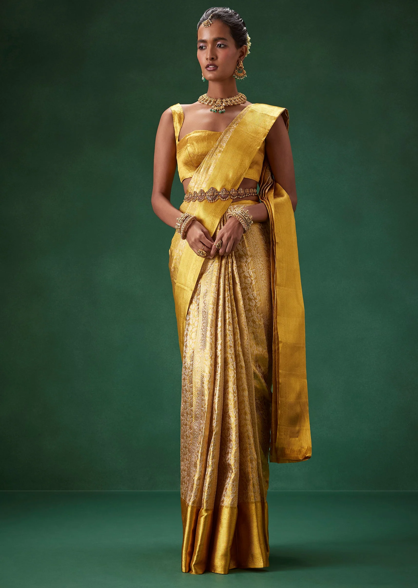 Gold Bridal Kanjivaram Floral Jaal Weave Saree with Unstitched Blouse - Image 4