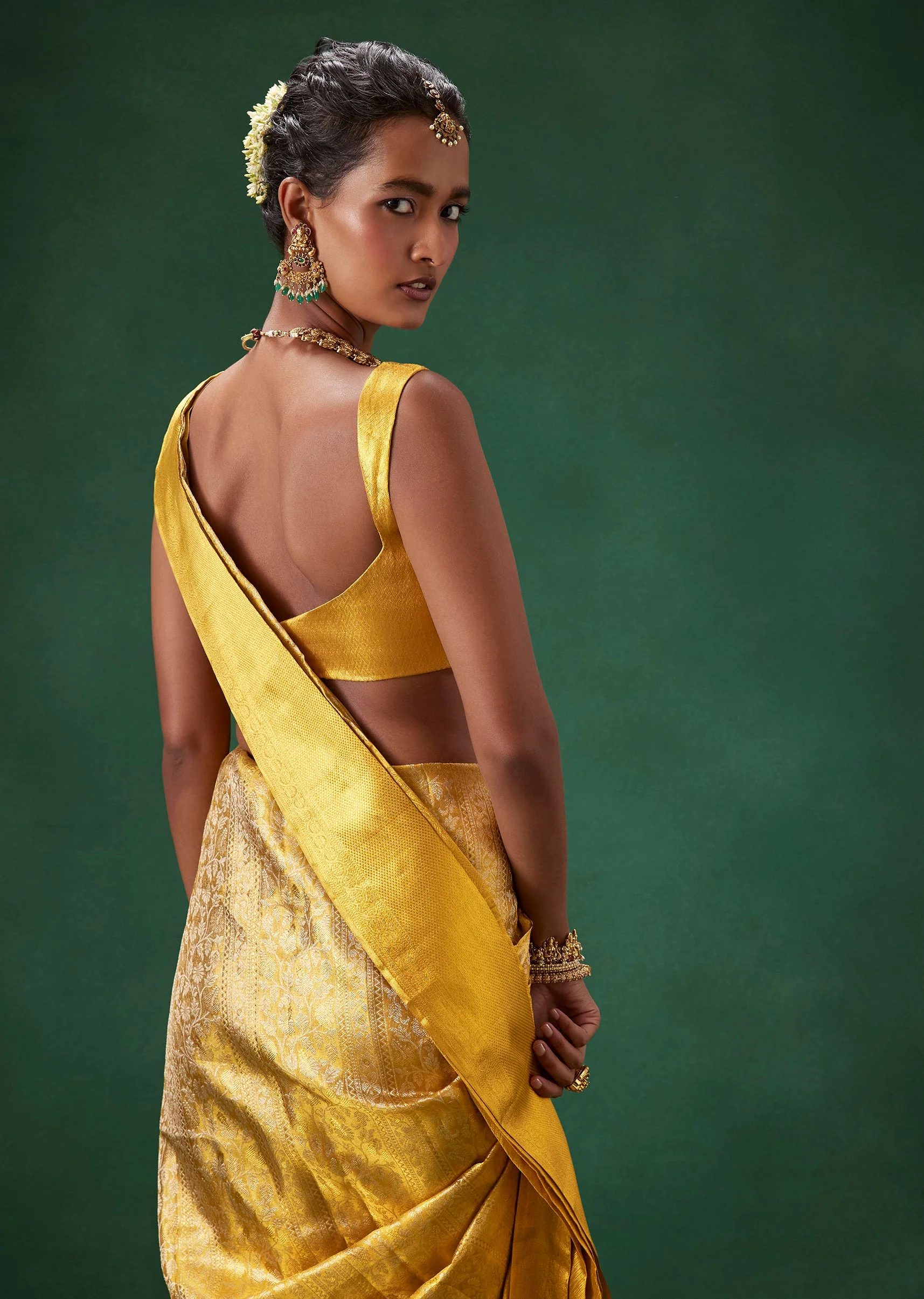 Gold Bridal Kanjivaram Floral Jaal Weave Saree with Unstitched Blouse - Image 5