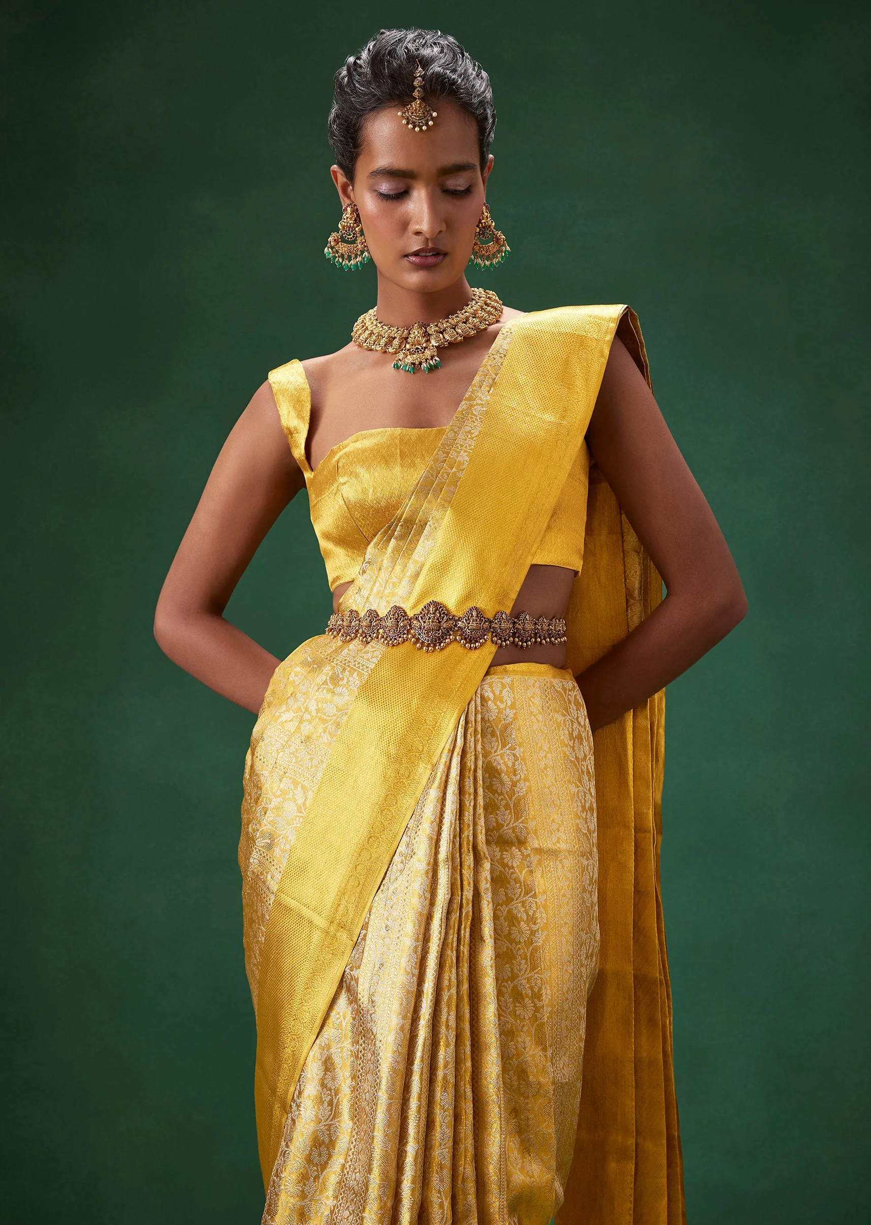 Gold Bridal Kanjivaram Floral Jaal Weave Saree with Unstitched Blouse - Image 6