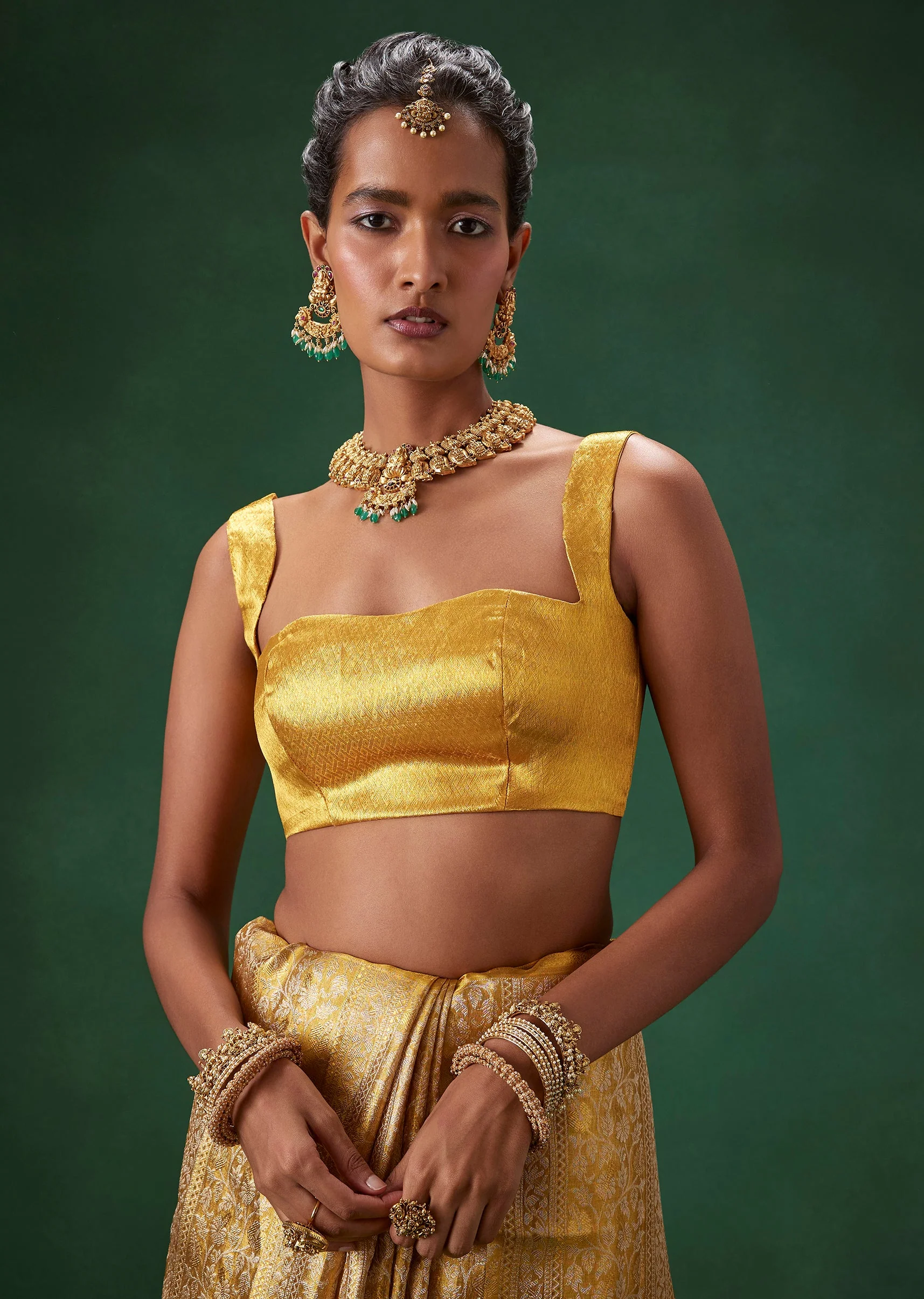Gold Bridal Kanjivaram Floral Jaal Weave Saree with Unstitched Blouse - Image 7