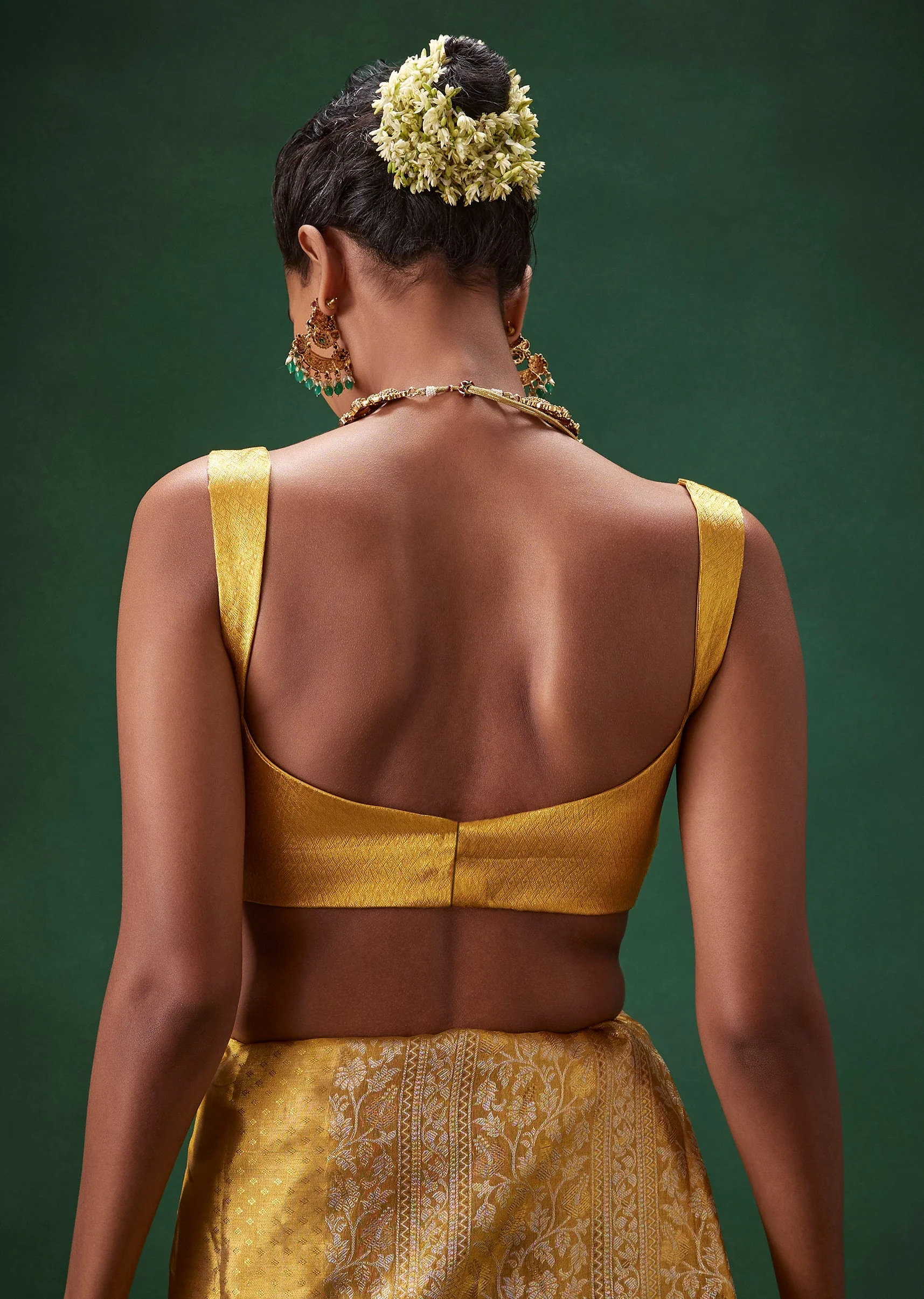 Gold Bridal Kanjivaram Floral Jaal Weave Saree with Unstitched Blouse - Image 8