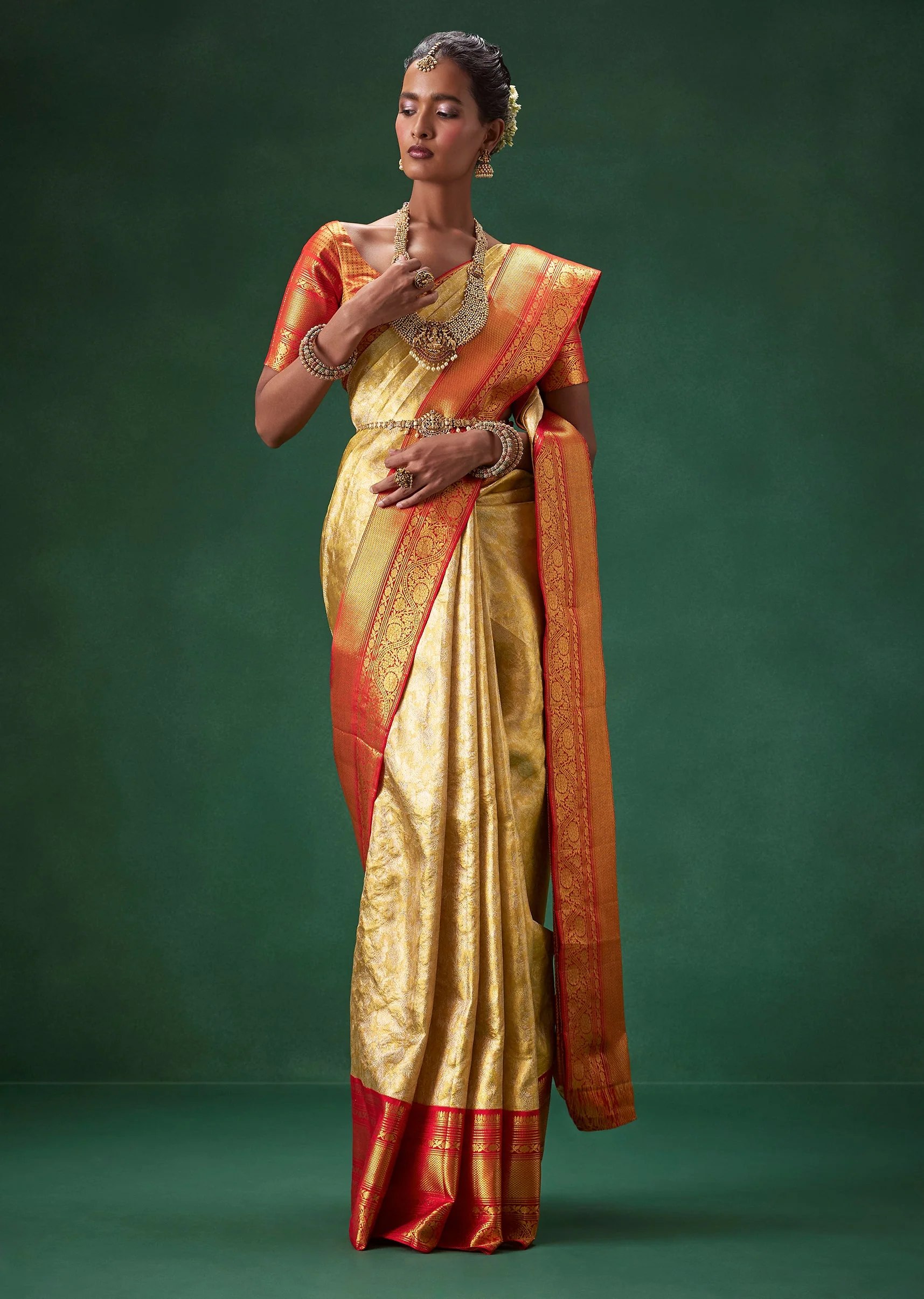 Gold Bridal Kanjivaram Floral Weave Saree with Unstitched Blouse