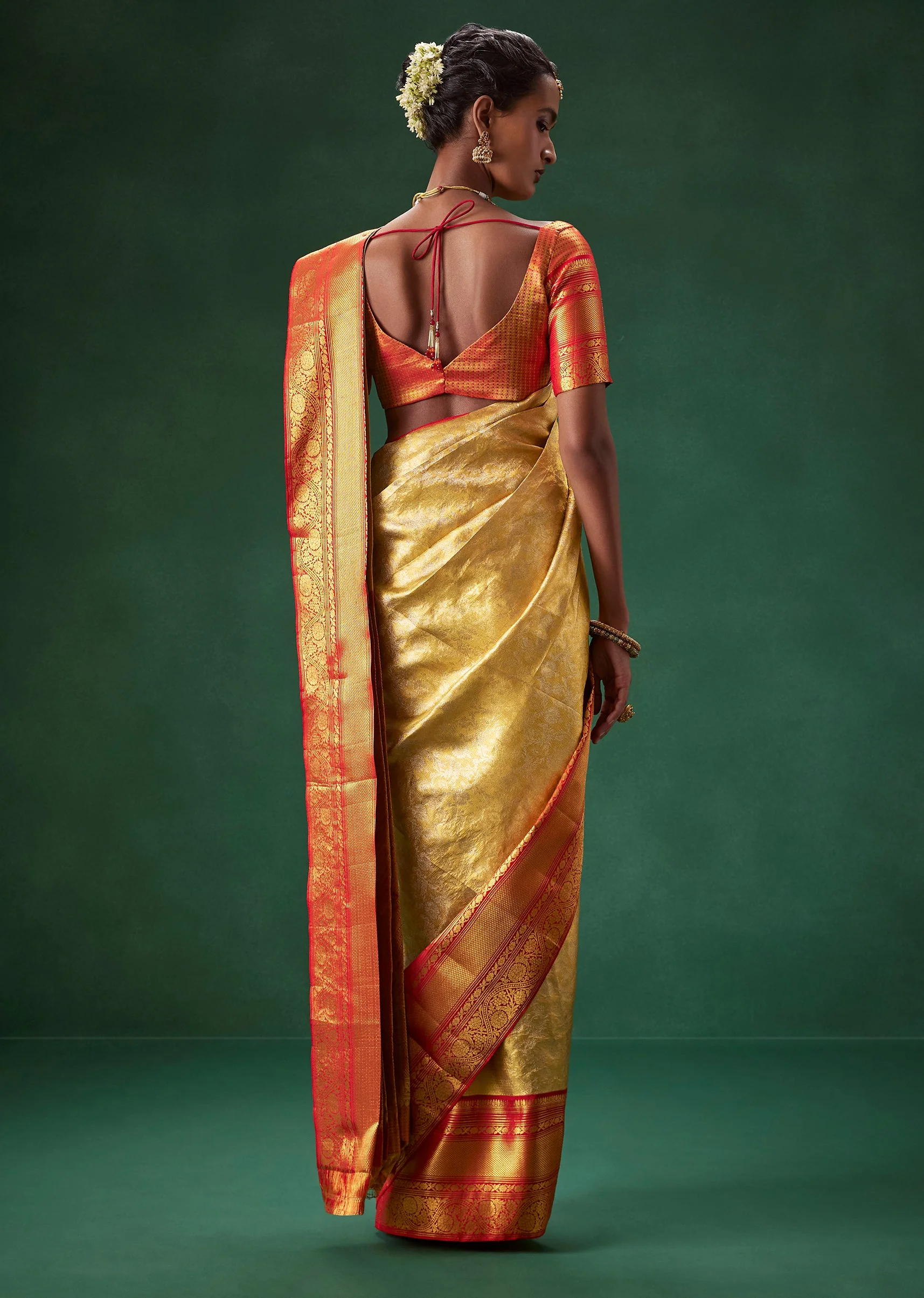 Gold Bridal Kanjivaram Floral Weave Saree with Unstitched Blouse - Image 2