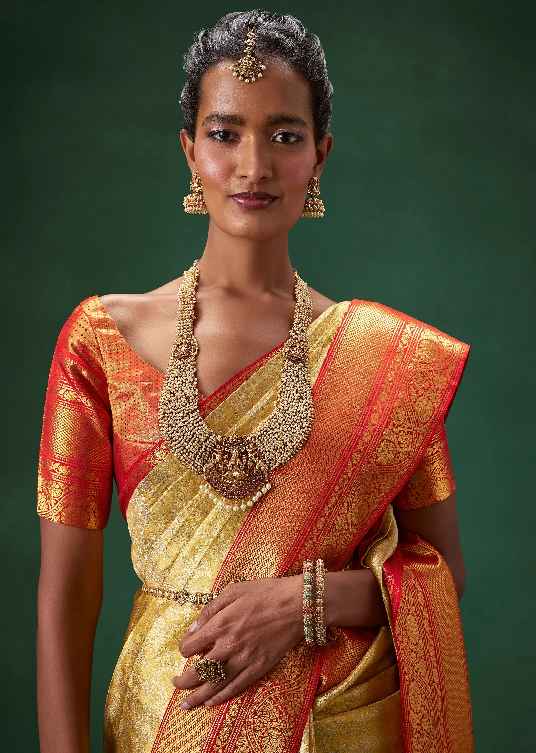 Gold Bridal Kanjivaram Floral Weave Saree with Unstitched Blouse - Image 3