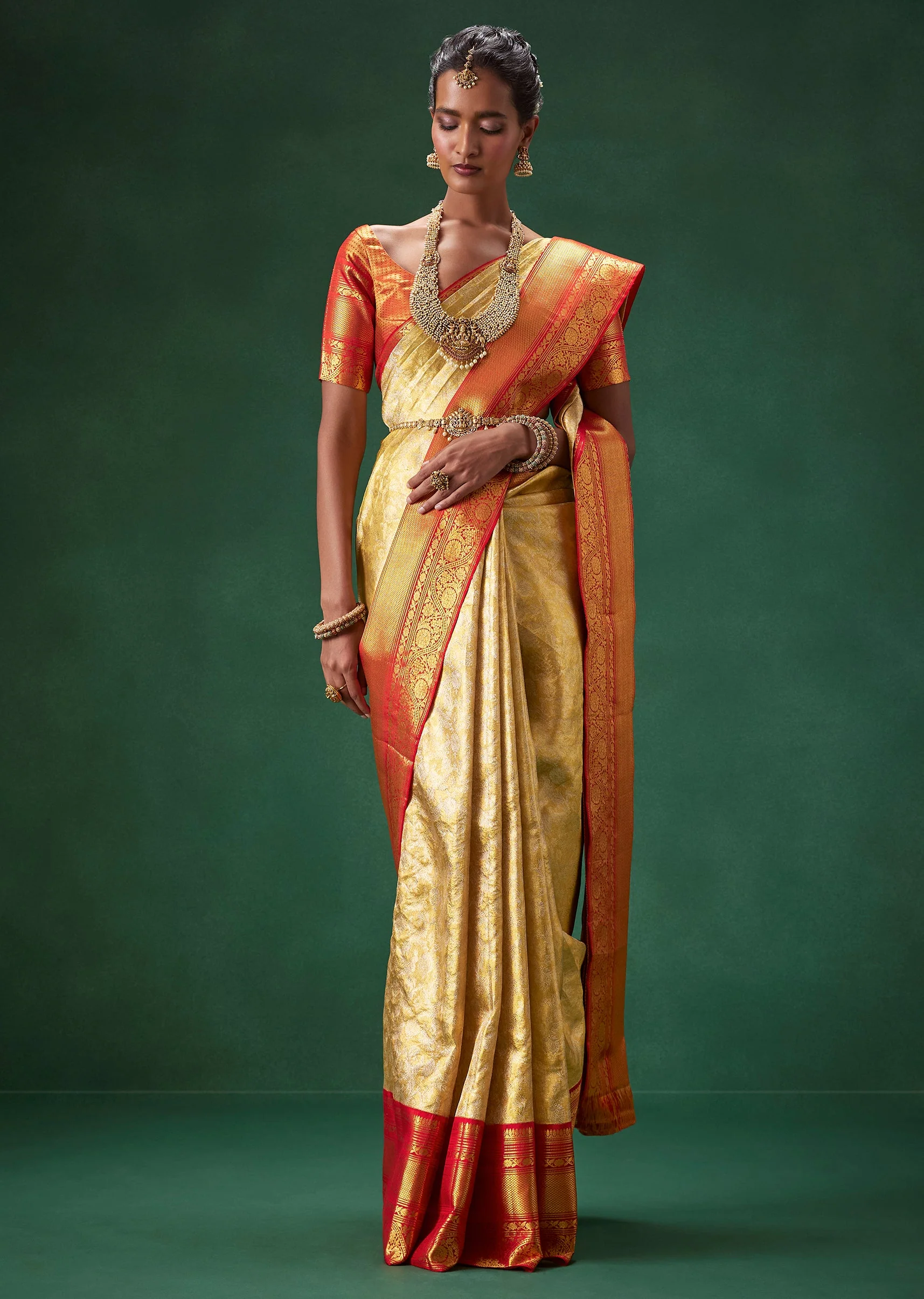 Gold Bridal Kanjivaram Floral Weave Saree with Unstitched Blouse - Image 4
