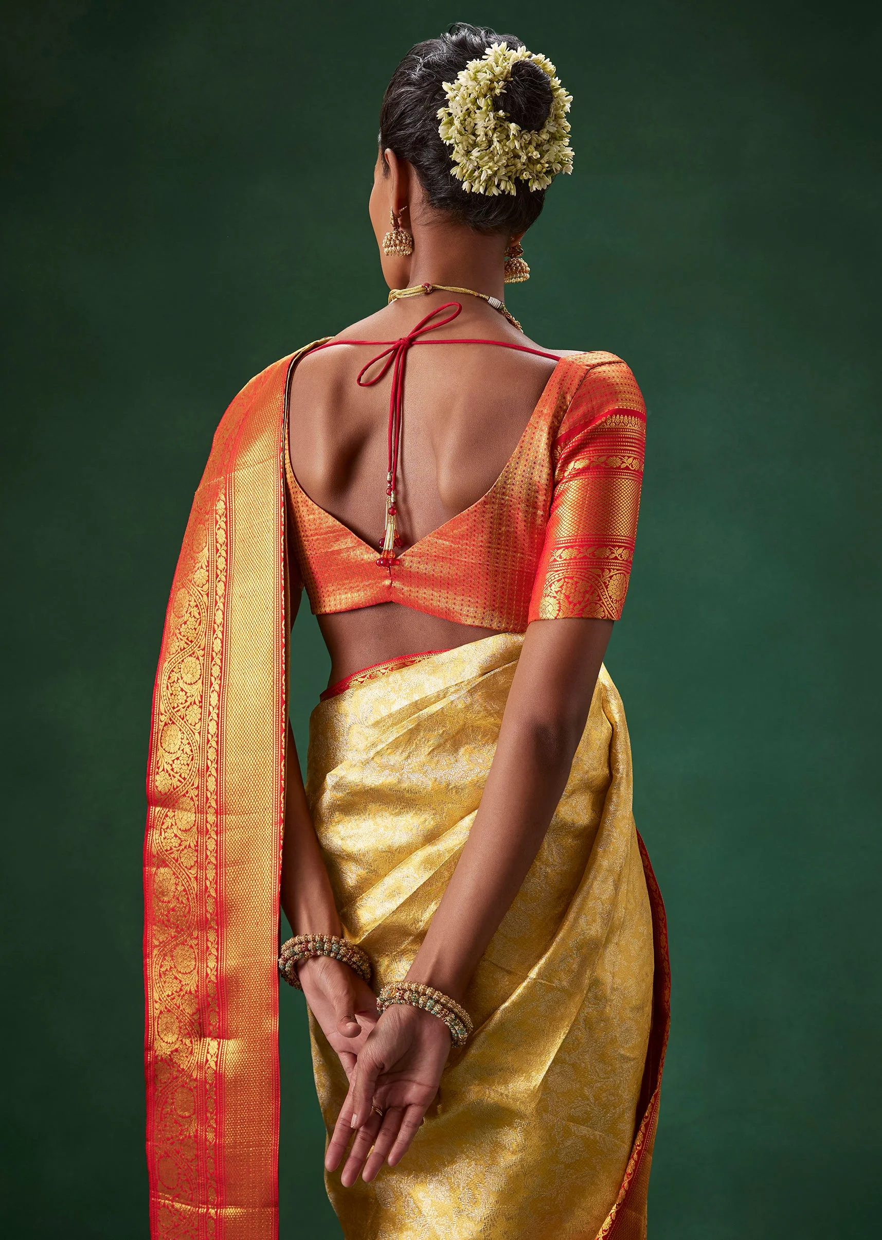 Gold Bridal Kanjivaram Floral Weave Saree with Unstitched Blouse - Image 5