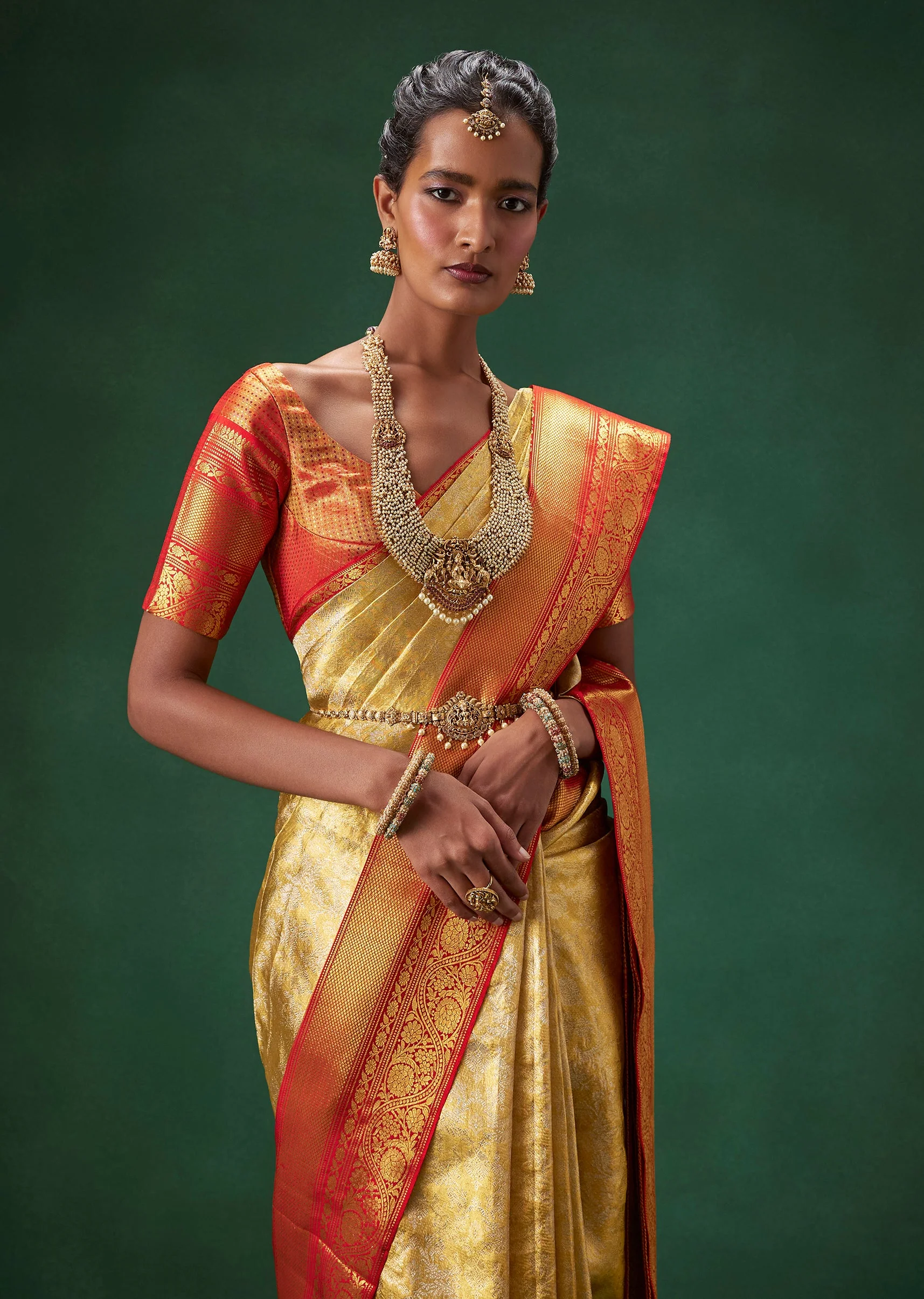Gold Bridal Kanjivaram Floral Weave Saree with Unstitched Blouse - Image 6