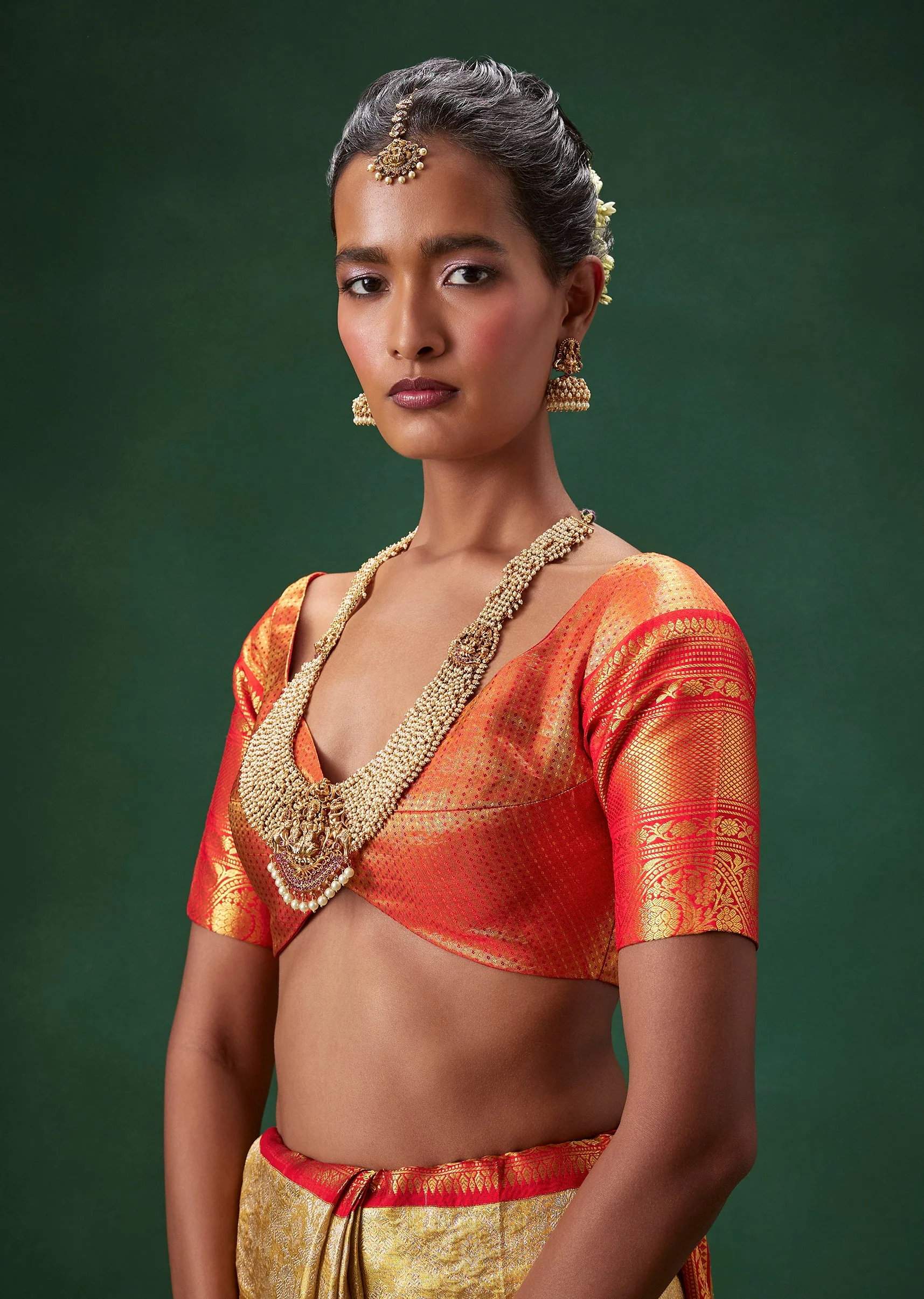 Gold Bridal Kanjivaram Floral Weave Saree with Unstitched Blouse - Image 7