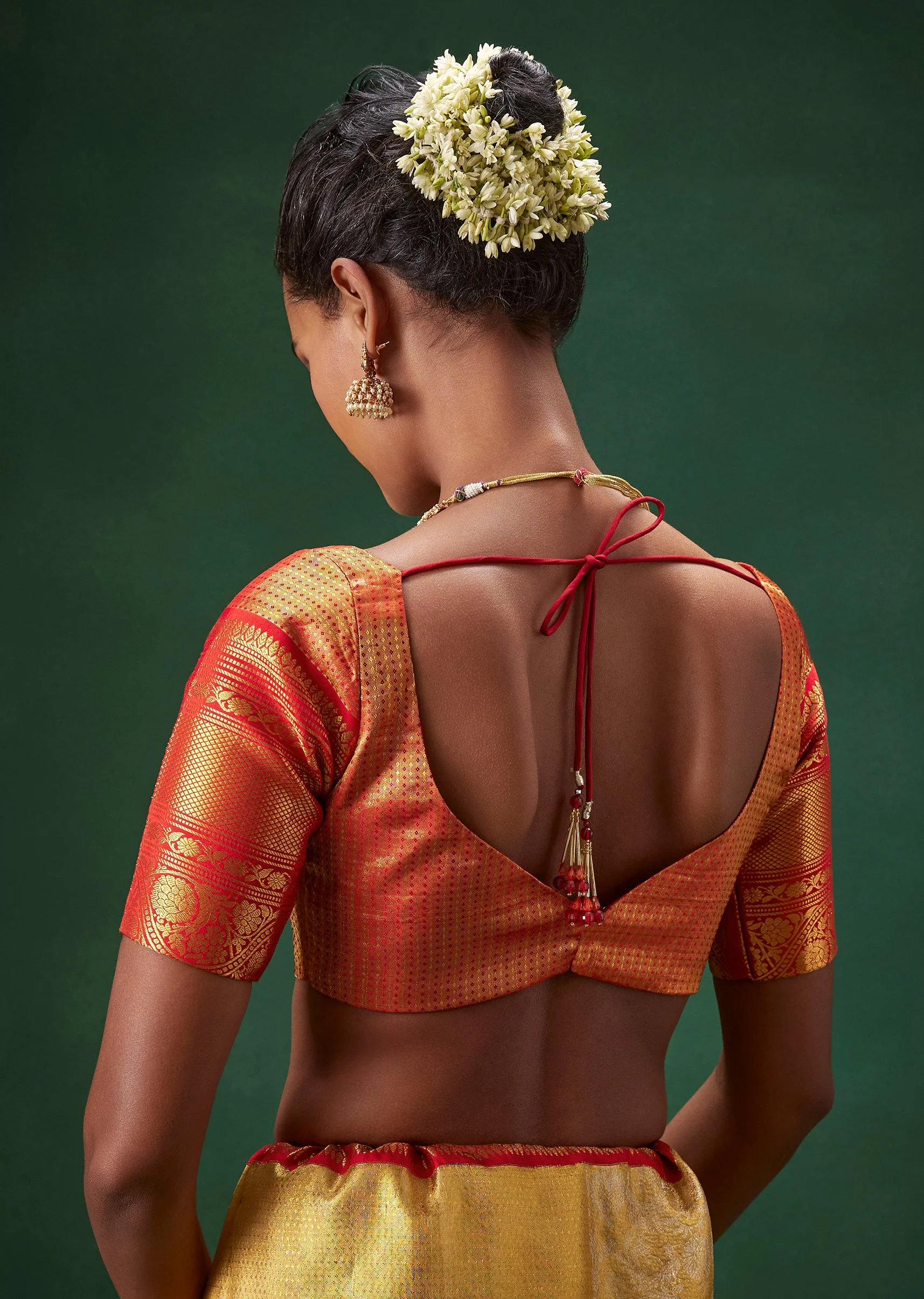 Gold Bridal Kanjivaram Floral Weave Saree with Unstitched Blouse - Image 8