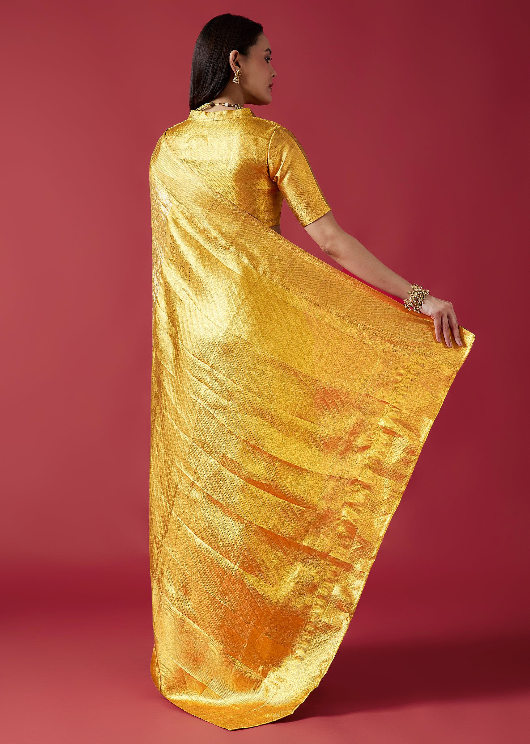 Gold Bridal Kanjivaram Jaal Weave Saree with Unstitched Blouse - Image 4