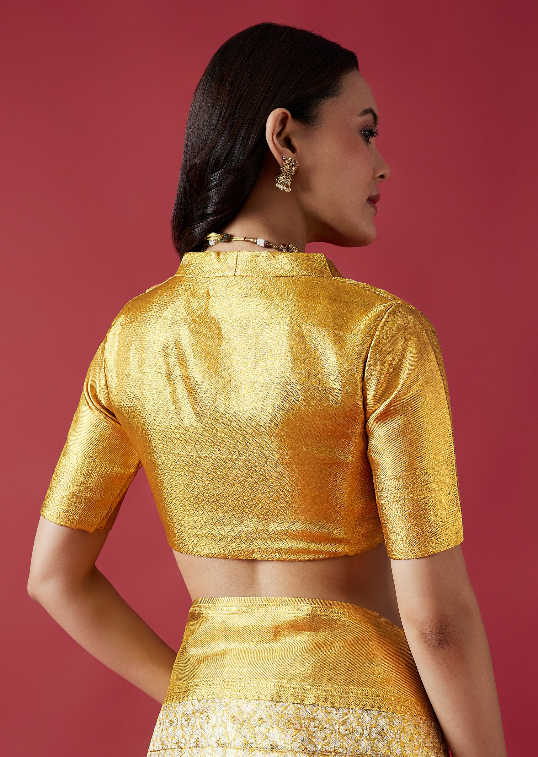 Gold Bridal Kanjivaram Jaal Weave Saree with Unstitched Blouse - Image 8