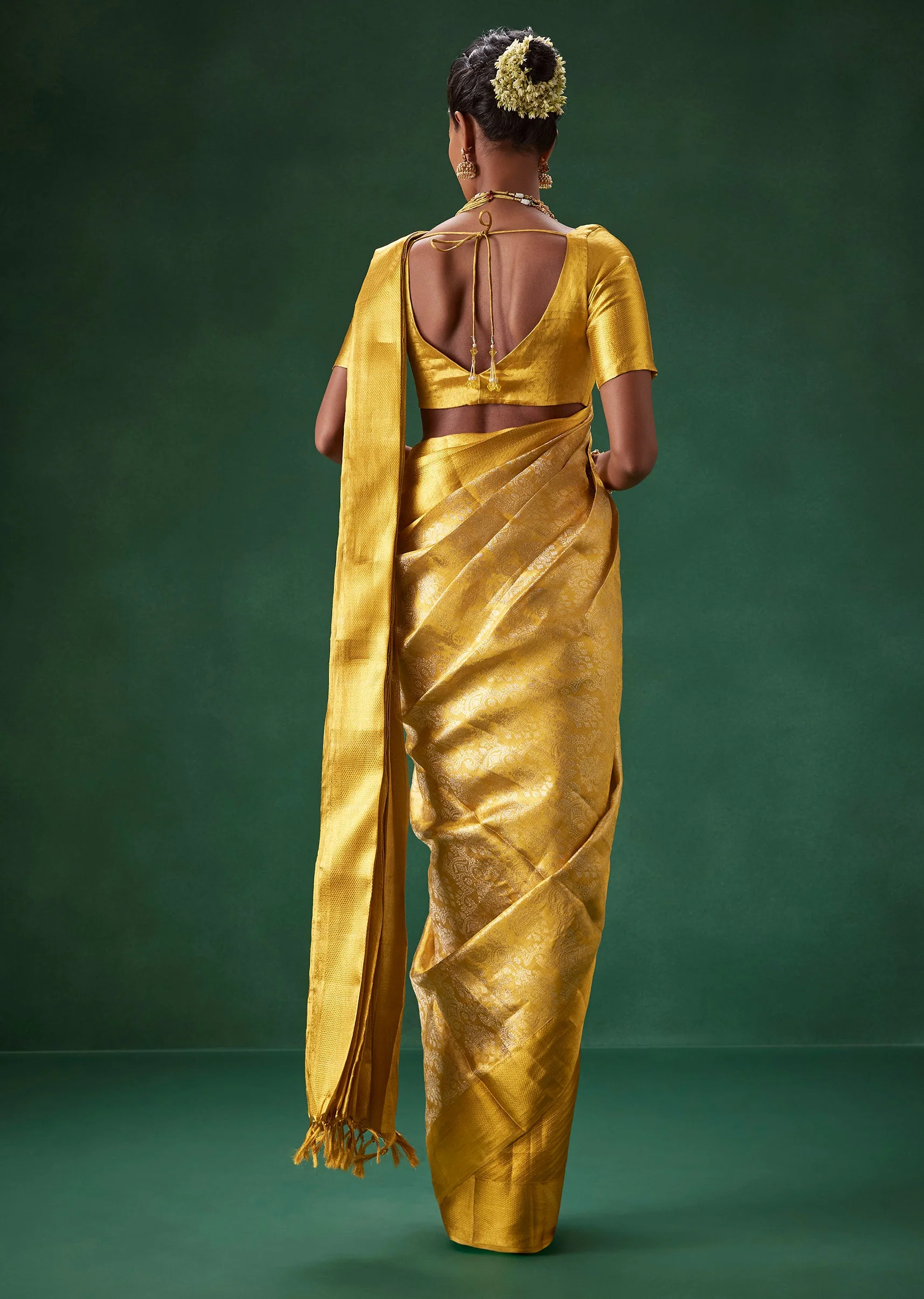 Gold Bridal Kanjivaram Saree with Brocade Unstitched Blouse - Image 2