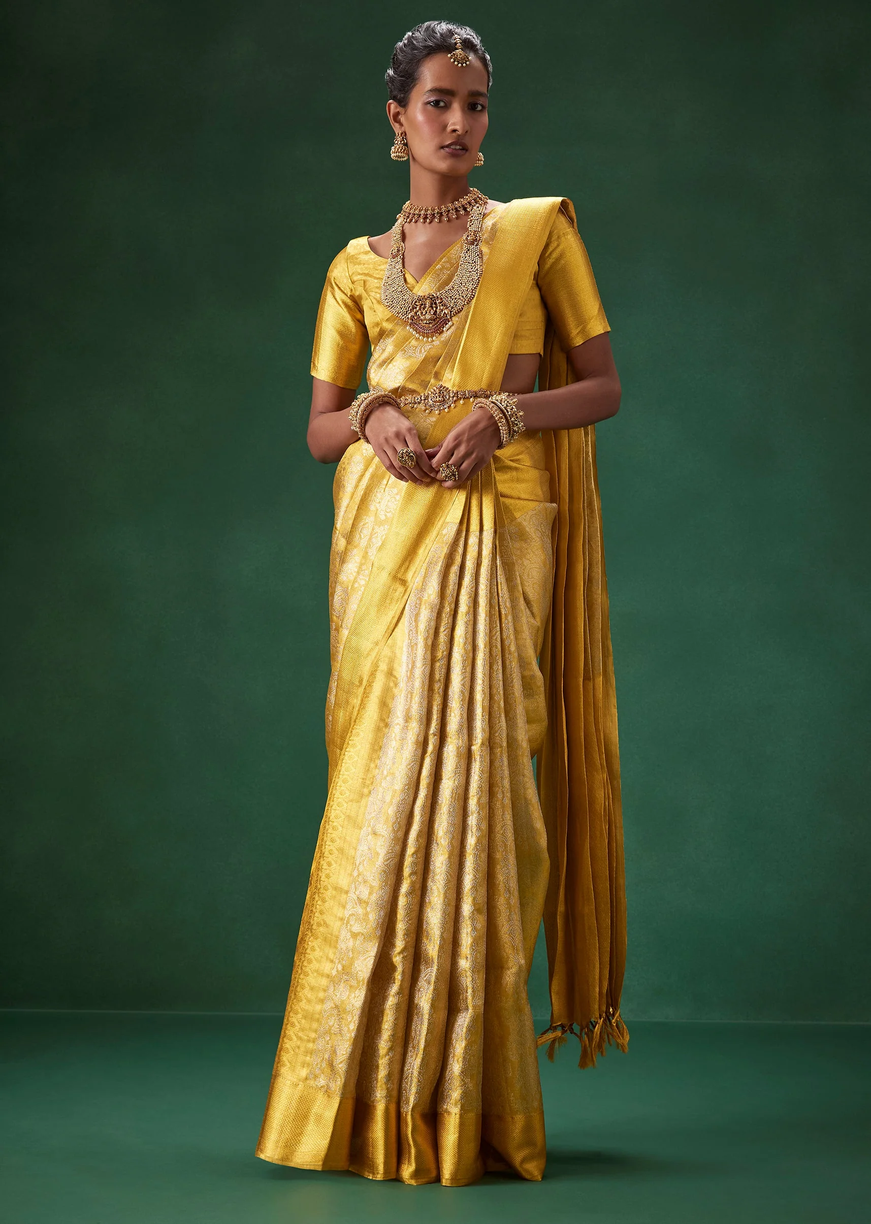 Gold Bridal Kanjivaram Saree with Brocade Unstitched Blouse - Image 4