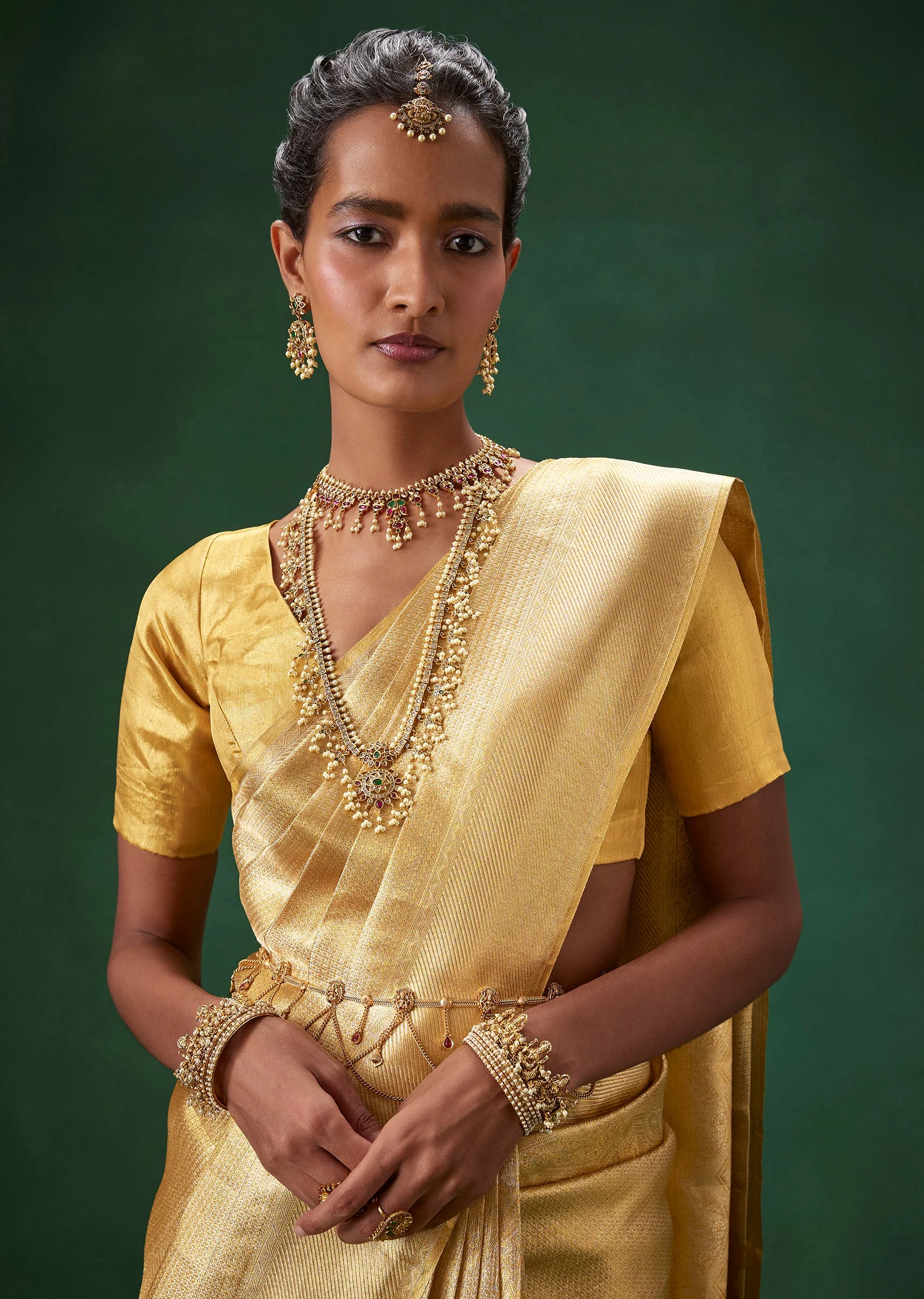 Gold Bridal Kanjivaram Zari Weave Saree with Unstitched Blouse - Image 3
