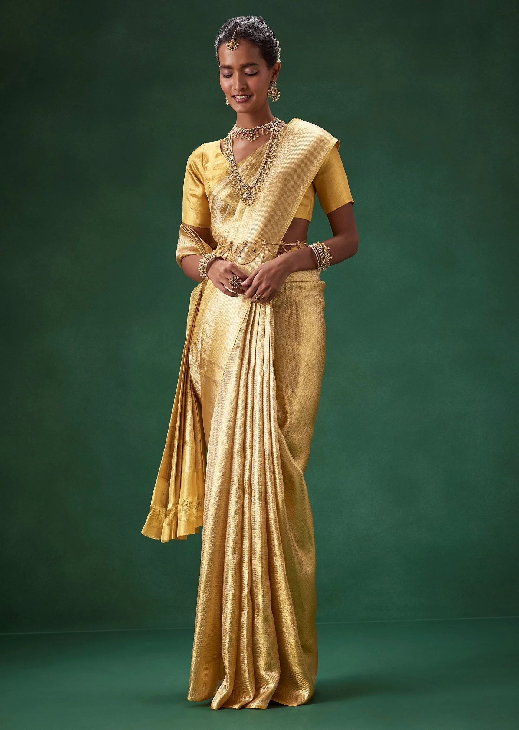 Gold Bridal Kanjivaram Zari Weave Saree with Unstitched Blouse - Image 4
