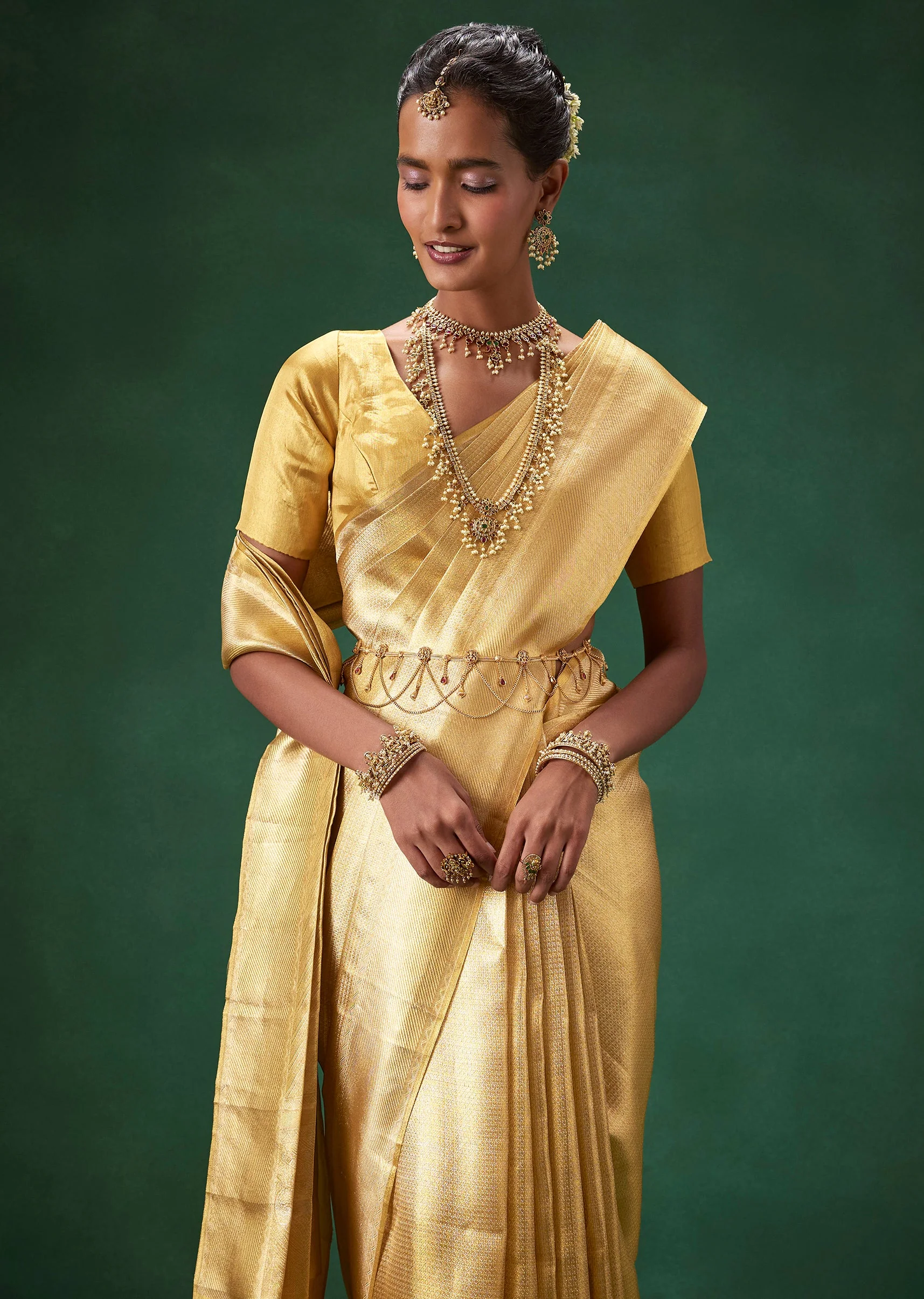 Gold Bridal Kanjivaram Zari Weave Saree with Unstitched Blouse - Image 6