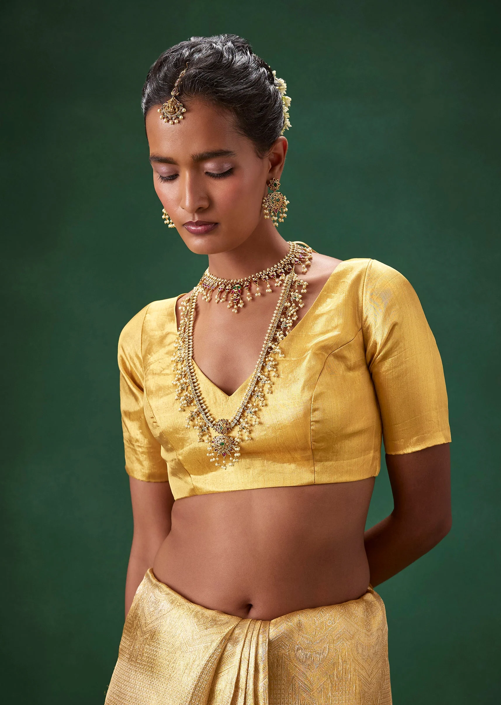 Gold Bridal Kanjivaram Zari Weave Saree with Unstitched Blouse - Image 7