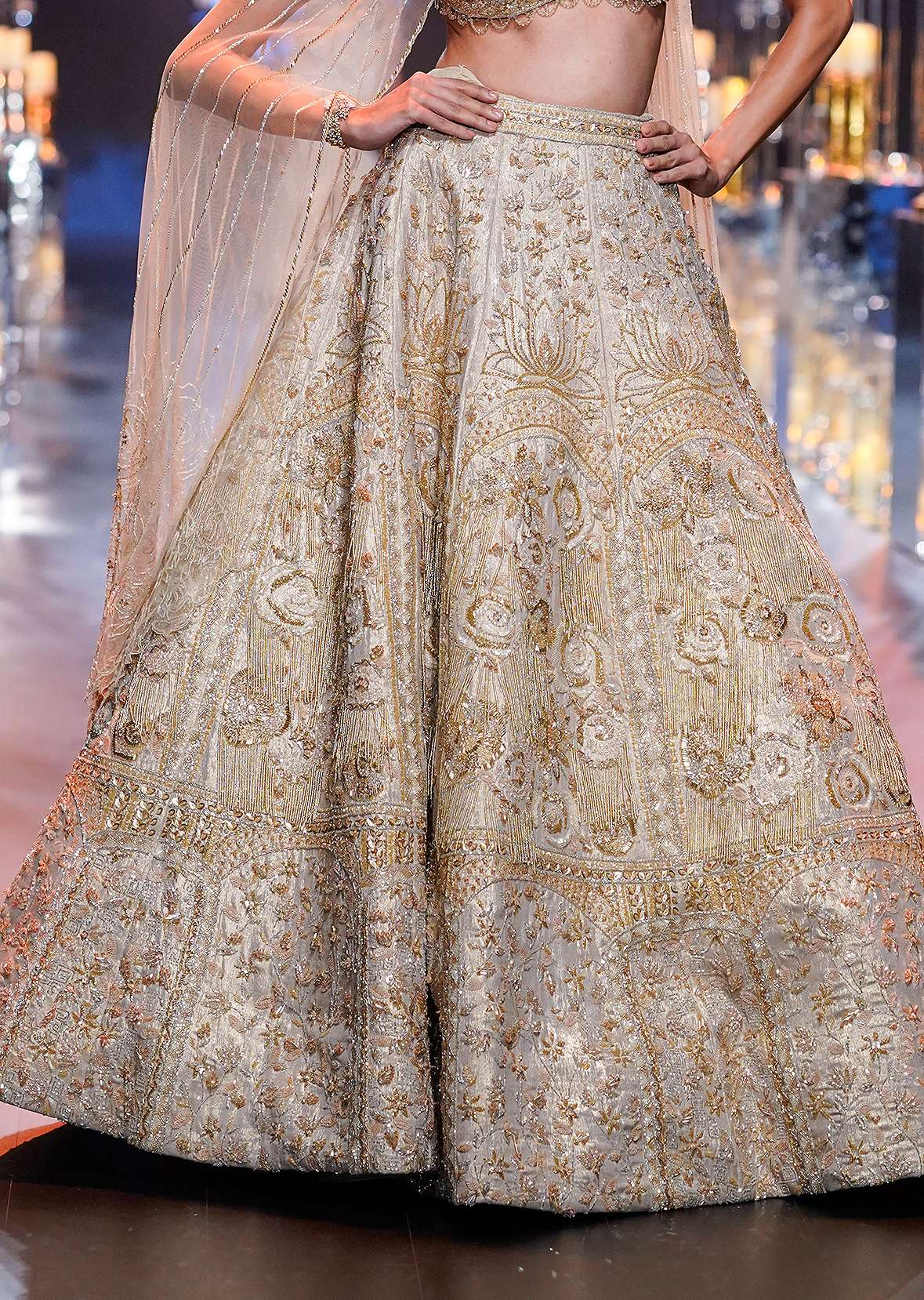 Gold Bridal Lehenga Set With Floral Motifs And Sequin Embroidery - Image 3