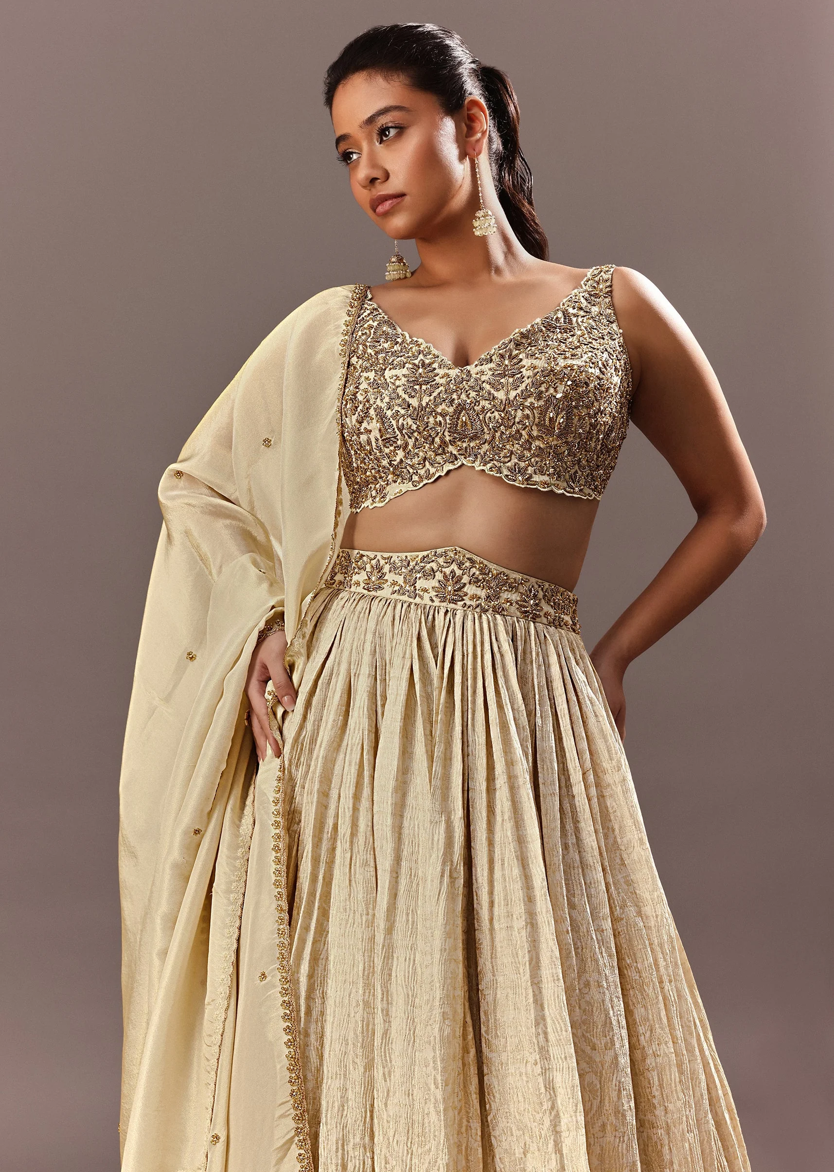 Gold Bridesmaid Brocade Lehenga With Embroidered Blouse And Dupatta - Image 2