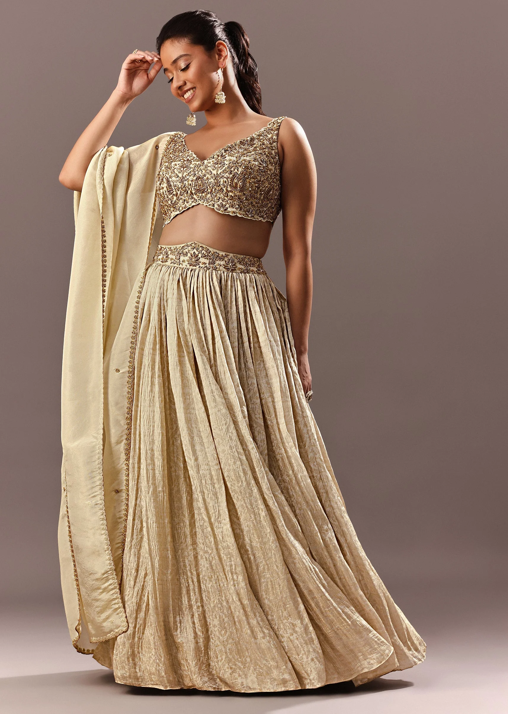 Gold Bridesmaid Brocade Lehenga With Embroidered Blouse And Dupatta - Image 3