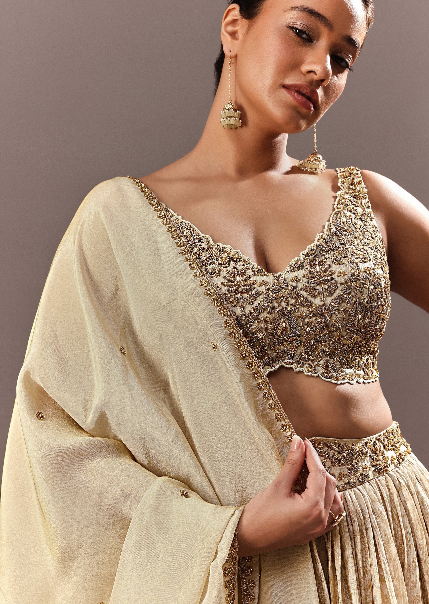 Gold Bridesmaid Brocade Lehenga With Embroidered Blouse And Dupatta - Image 4