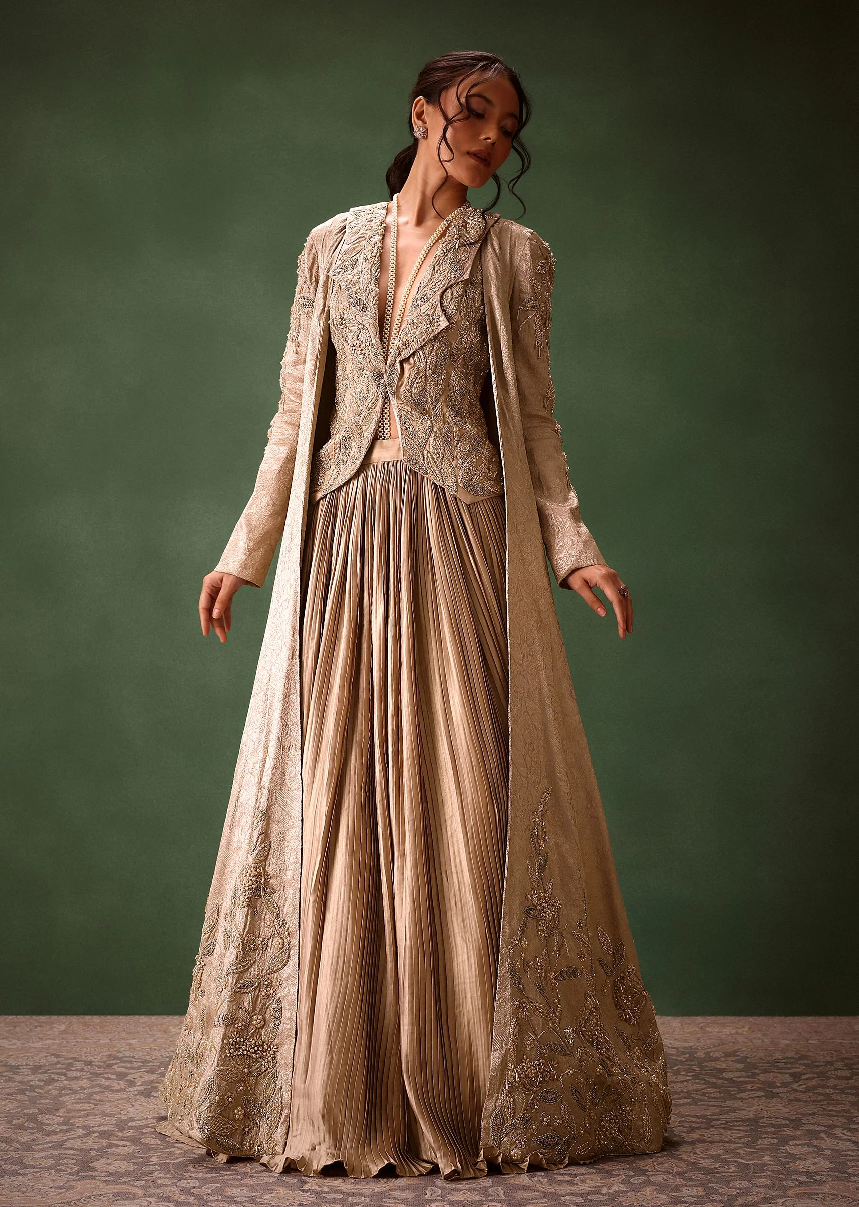 Gold Brocade Jacket And Rushing Skirt Suit - Image 2