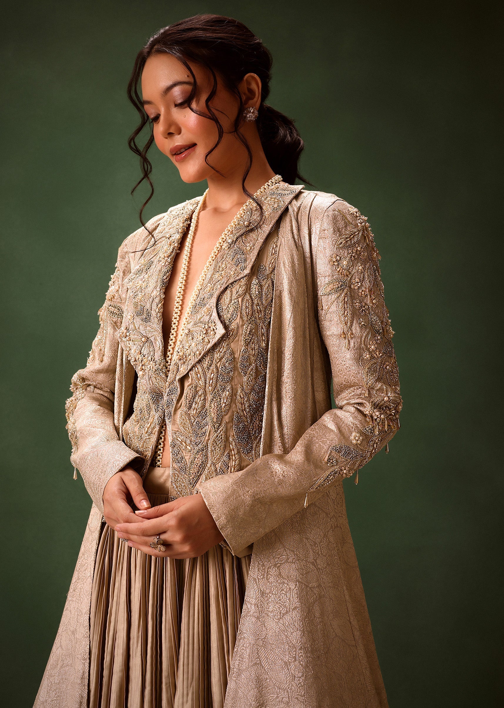 Gold Brocade Jacket And Rushing Skirt Suit - Image 3