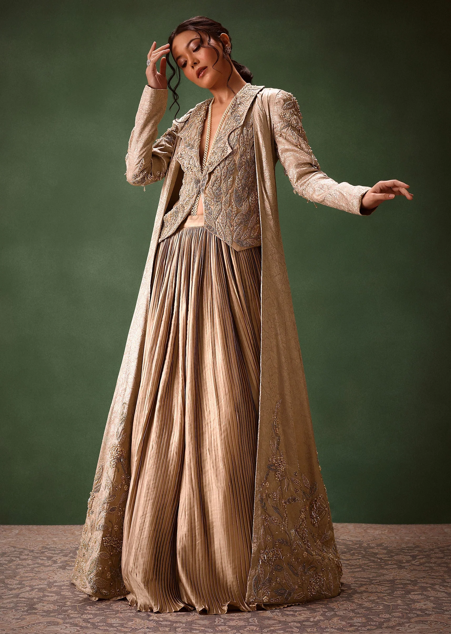Gold Brocade Jacket And Rushing Skirt Suit - Image 4