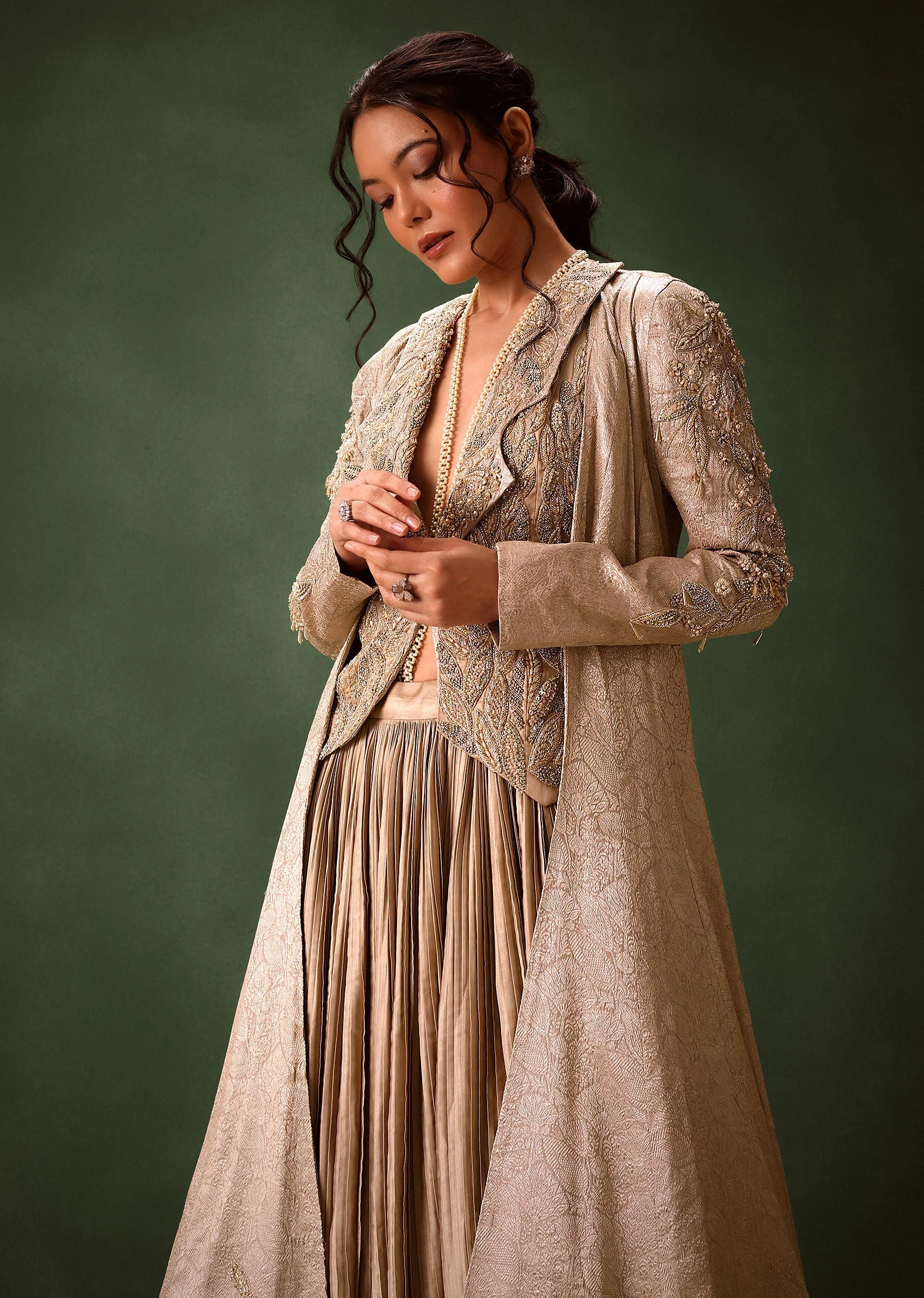 Gold Brocade Jacket And Rushing Skirt Suit - Image 5