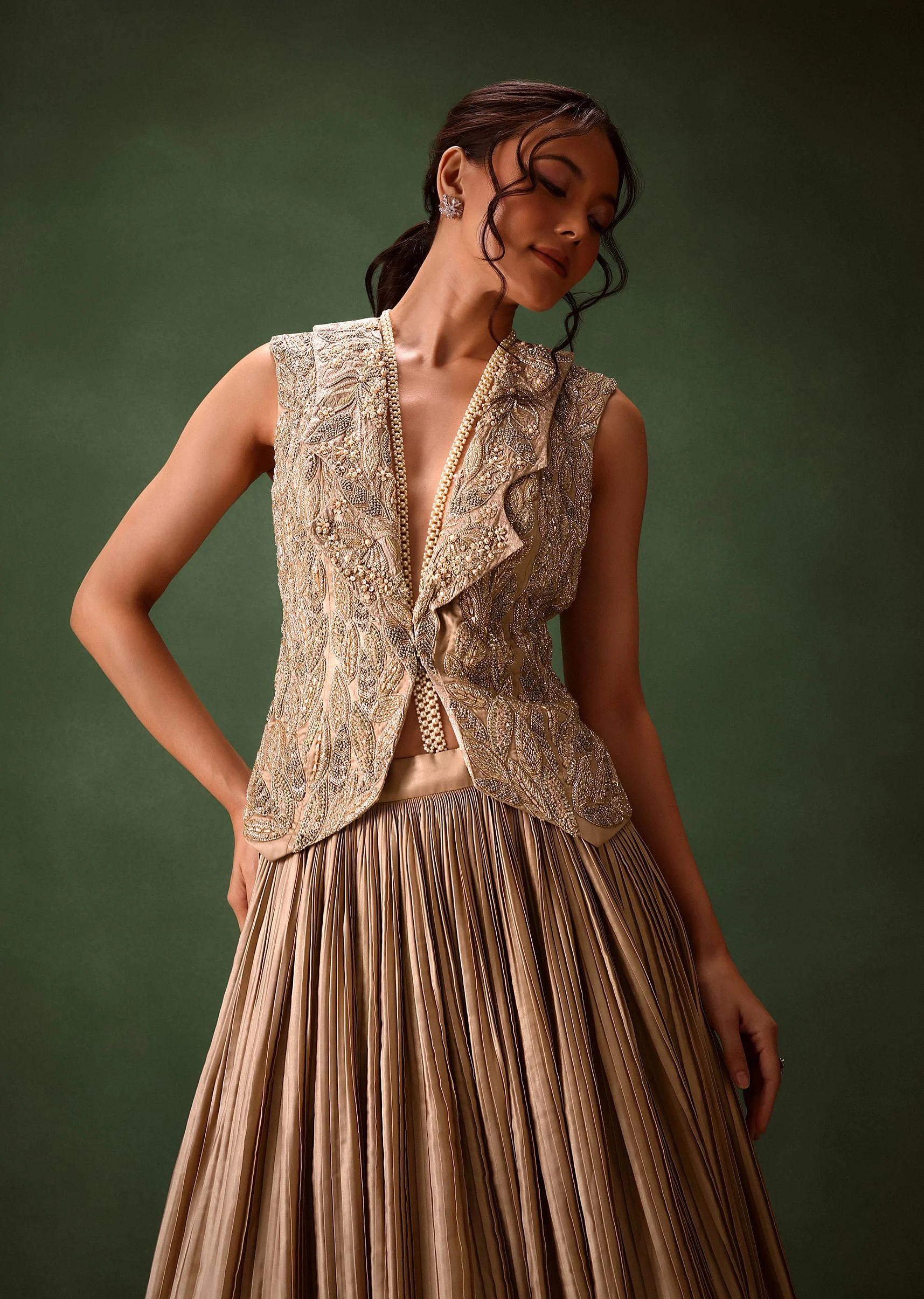 Gold Brocade Jacket And Rushing Skirt Suit - Image 7