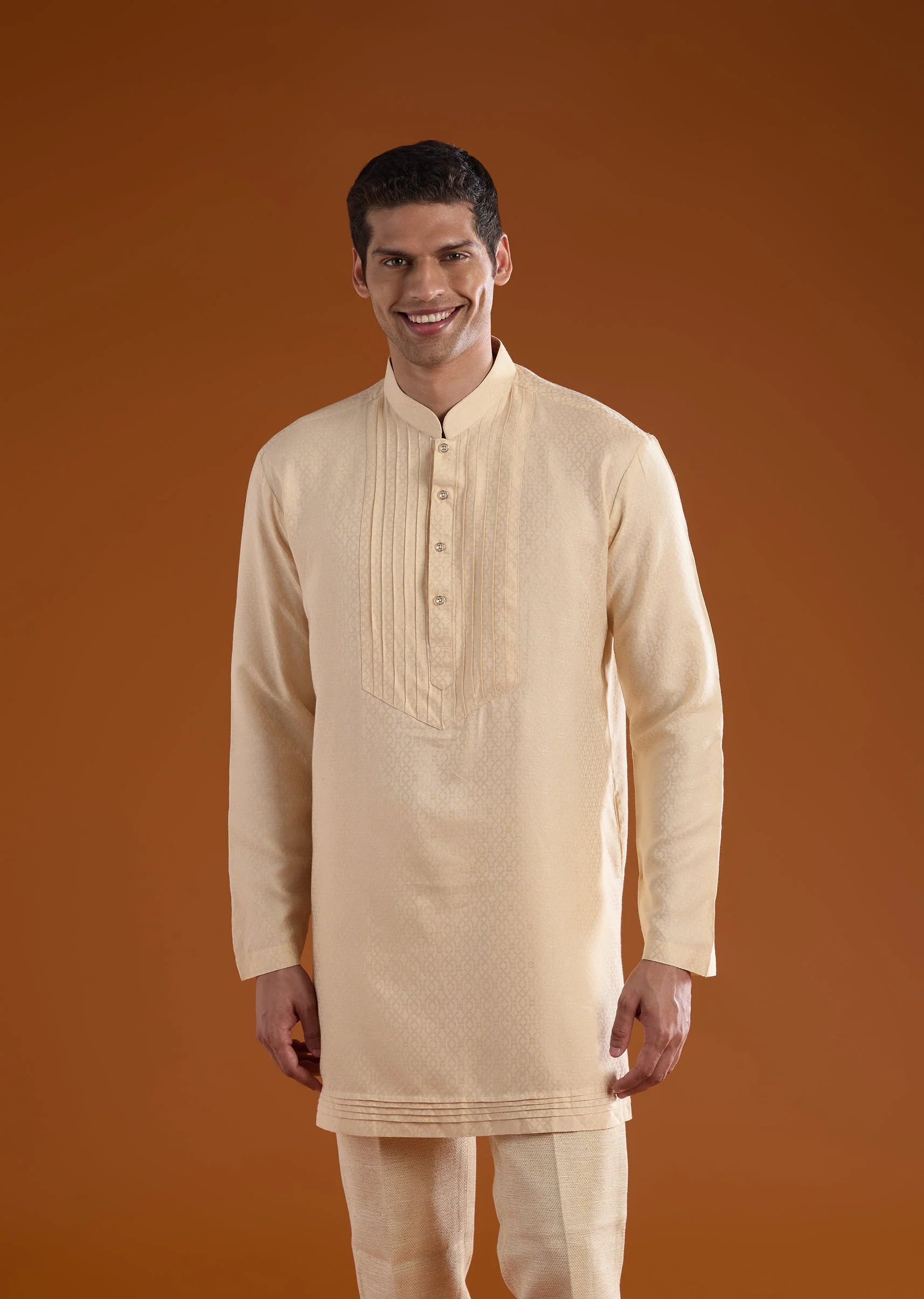 Gold Celebration Duo – Jumpsuit With Jacket For Her And Embellished Jodhpuri Kurta Set For Him - Image 10