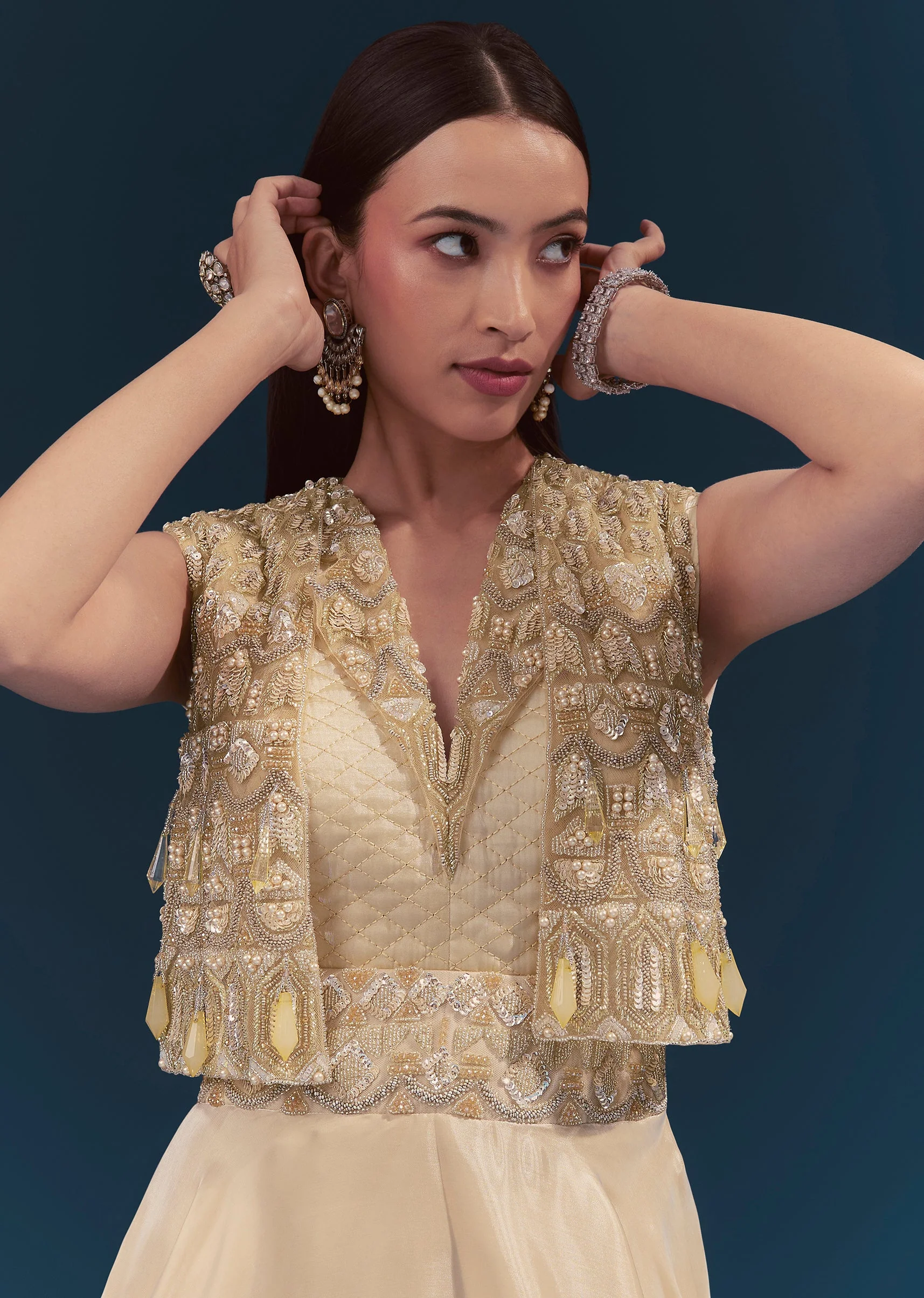 Gold Celebration Duo – Jumpsuit With Jacket For Her And Embellished Jodhpuri Kurta Set For Him - Image 2