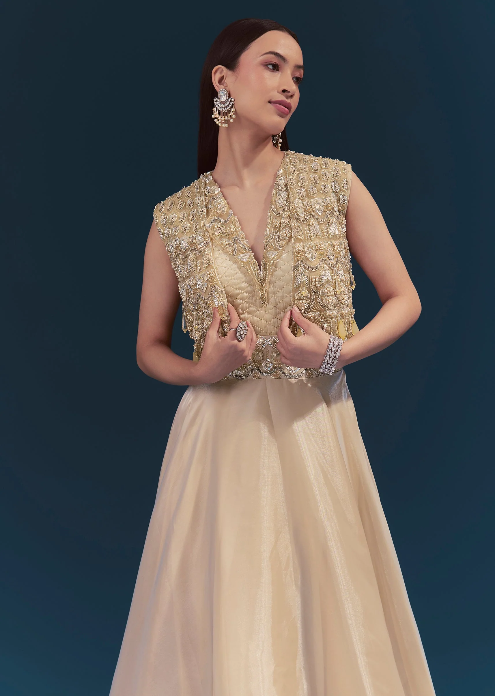 Gold Celebration Duo – Jumpsuit With Jacket For Her And Embellished Jodhpuri Kurta Set For Him - Image 3
