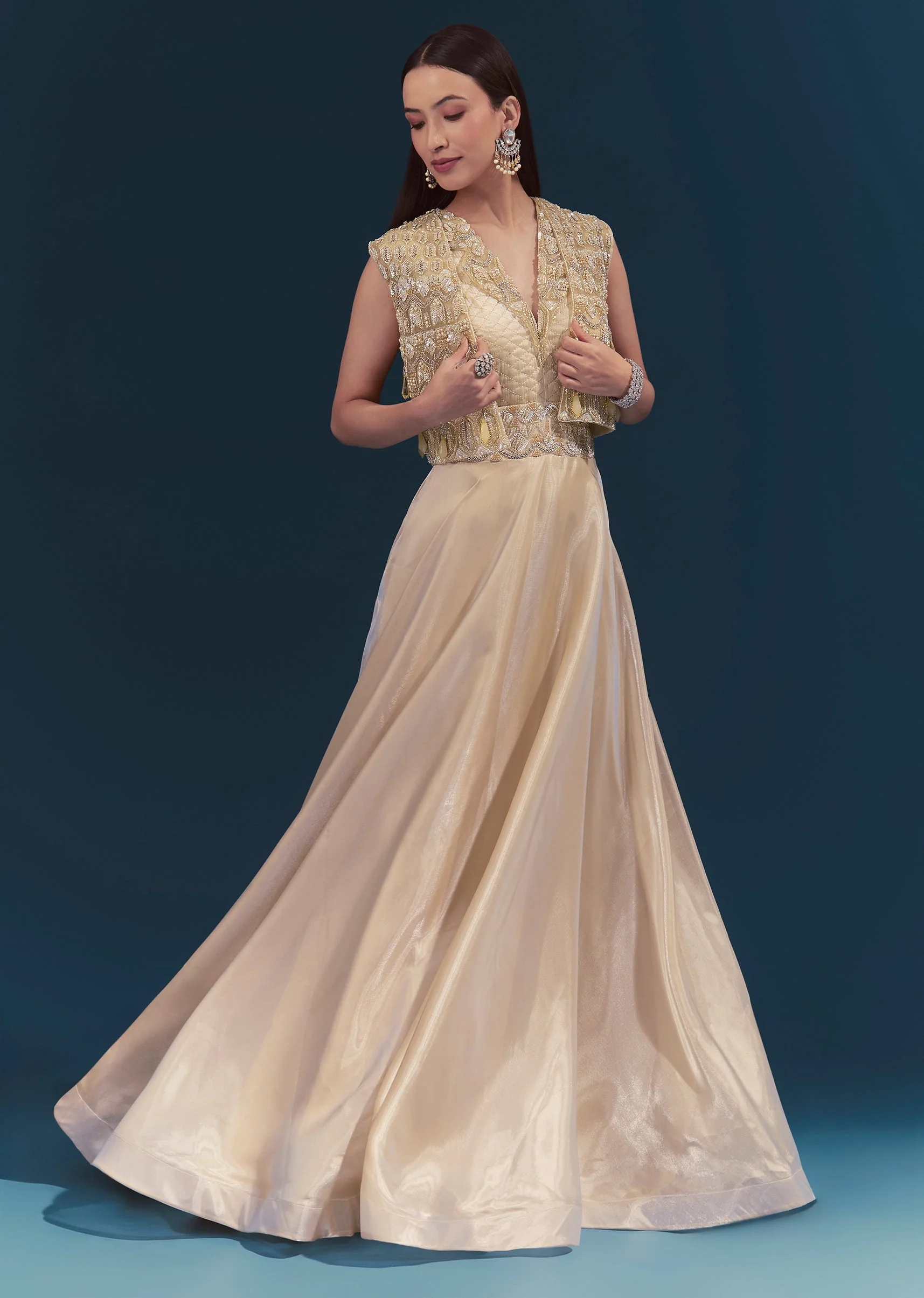 Gold Celebration Duo – Jumpsuit With Jacket For Her And Embellished Jodhpuri Kurta Set For Him - Image 4