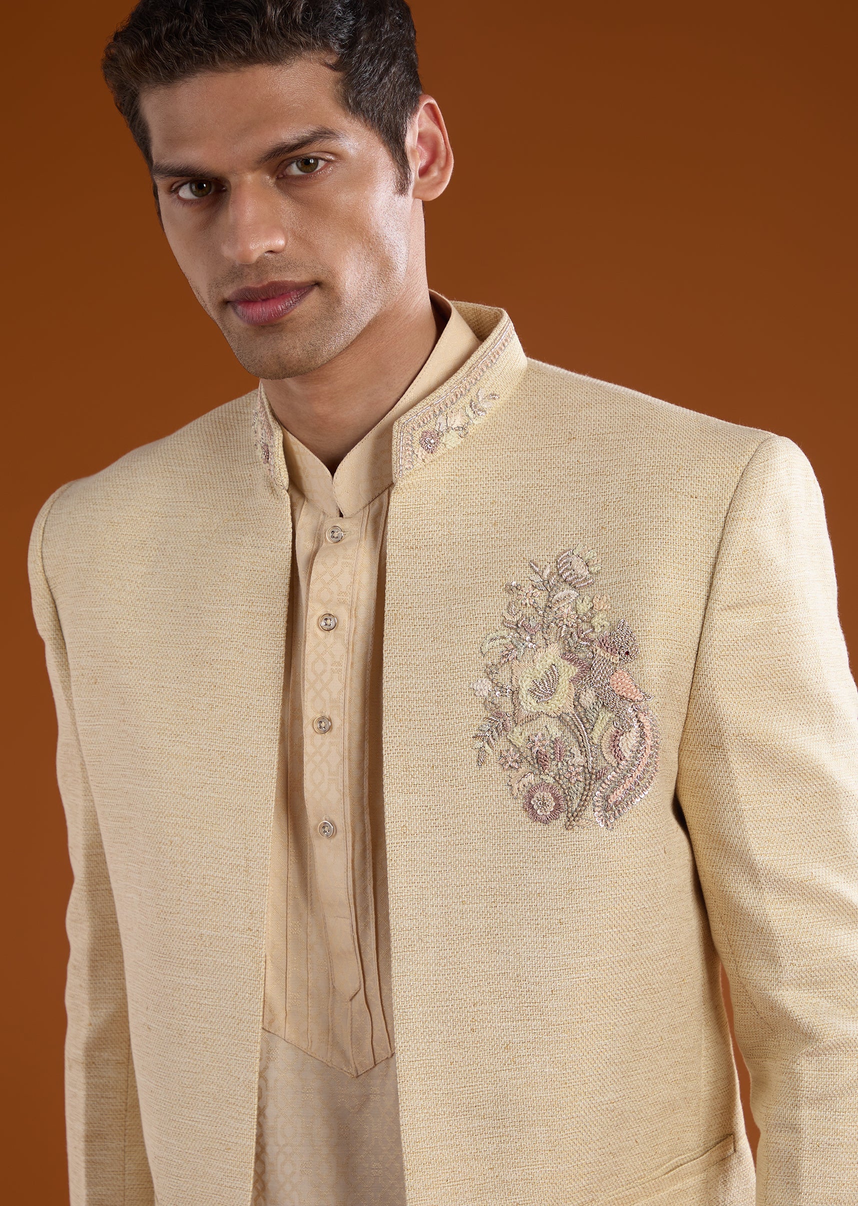 Gold Celebration Duo – Jumpsuit With Jacket For Her And Embellished Jodhpuri Kurta Set For Him - Image 6