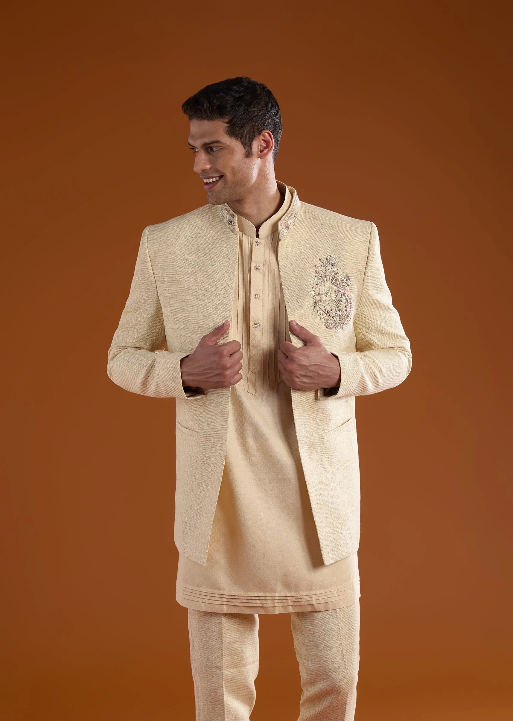 Gold Celebration Duo – Jumpsuit With Jacket For Her And Embellished Jodhpuri Kurta Set For Him - Image 7
